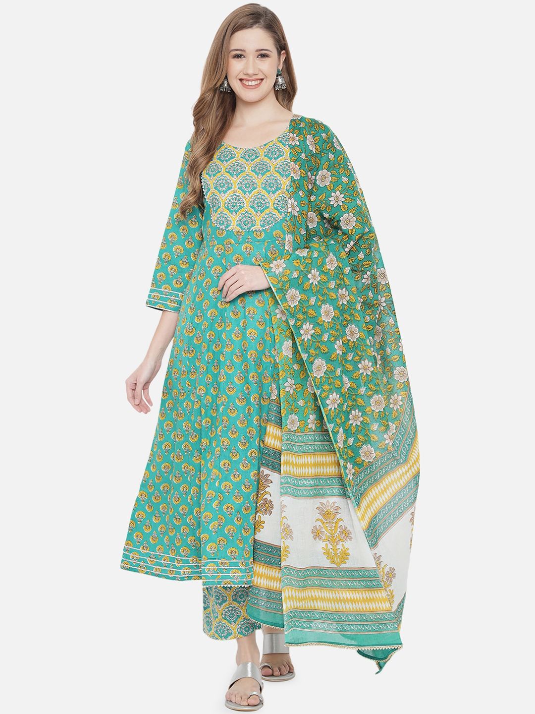 Prakhya Women Green Floral Printed Panelled Pure Cotton Kurta with Palazzos & With Dupatta Price in India