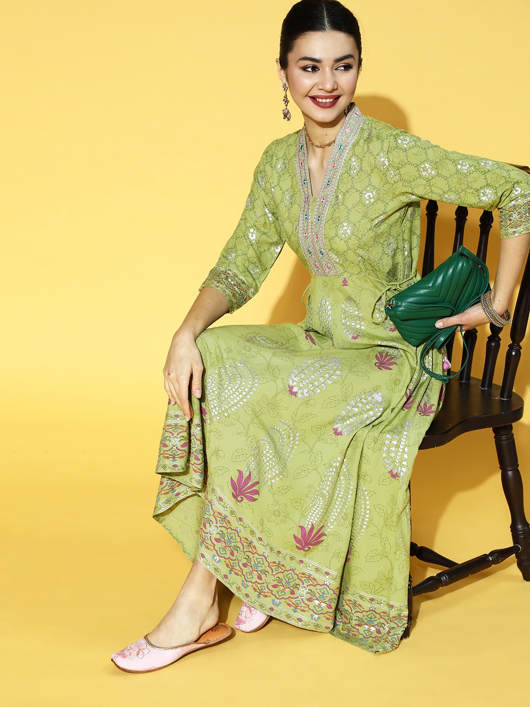 Juniper Women Gorgeous Green Ethnic Motifs Dress Price in India