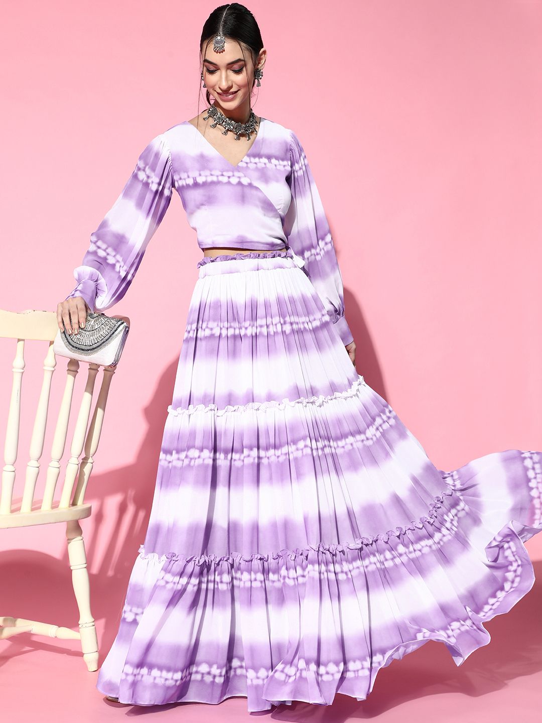 Inddus Women Elegant Lavender & White Tie & Dye Tiered Top with Skirt