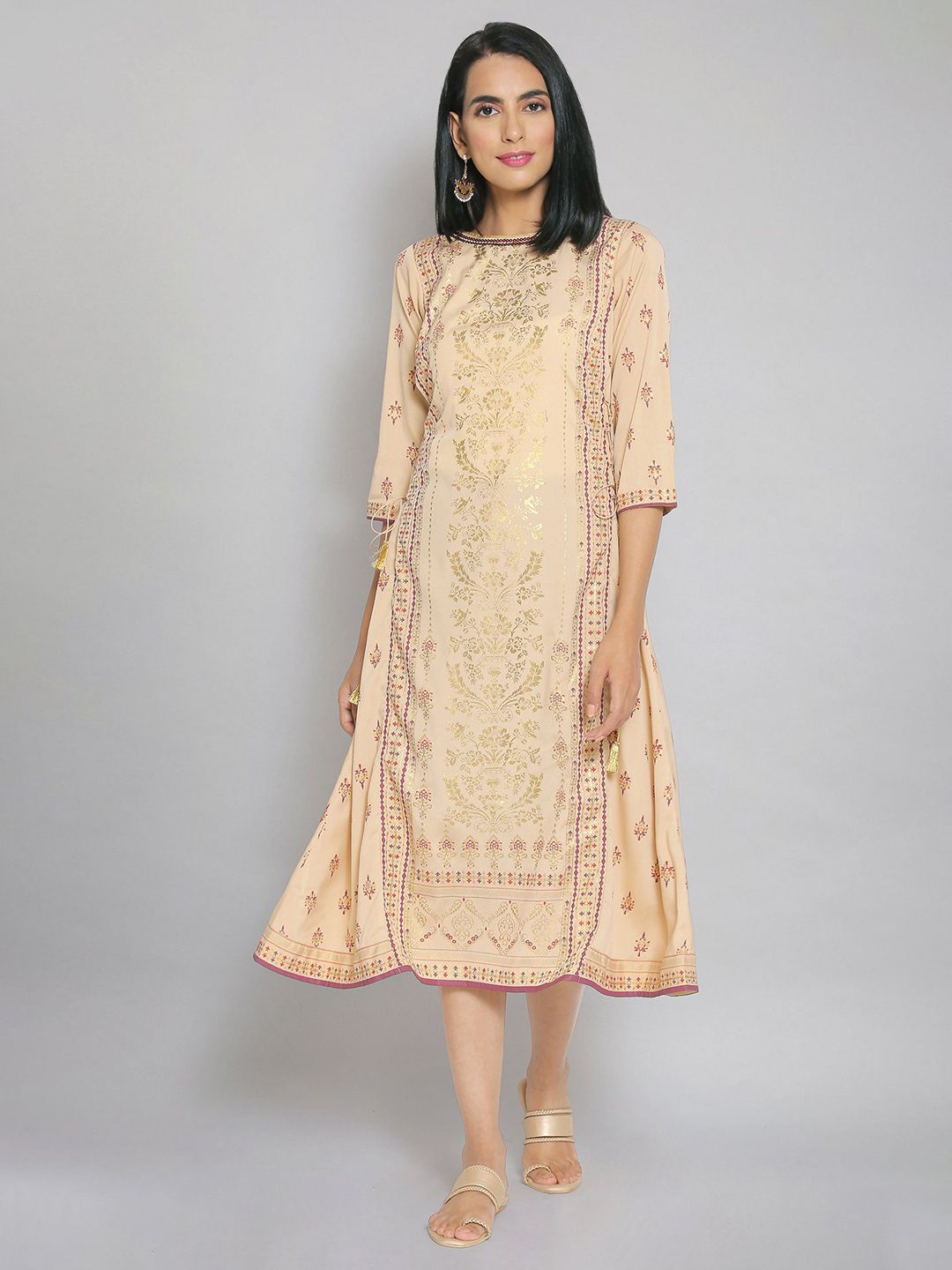 AURELIA Women Beige & Gold-Toned Ethnic Motifs A-Line Midi Dress Price in India