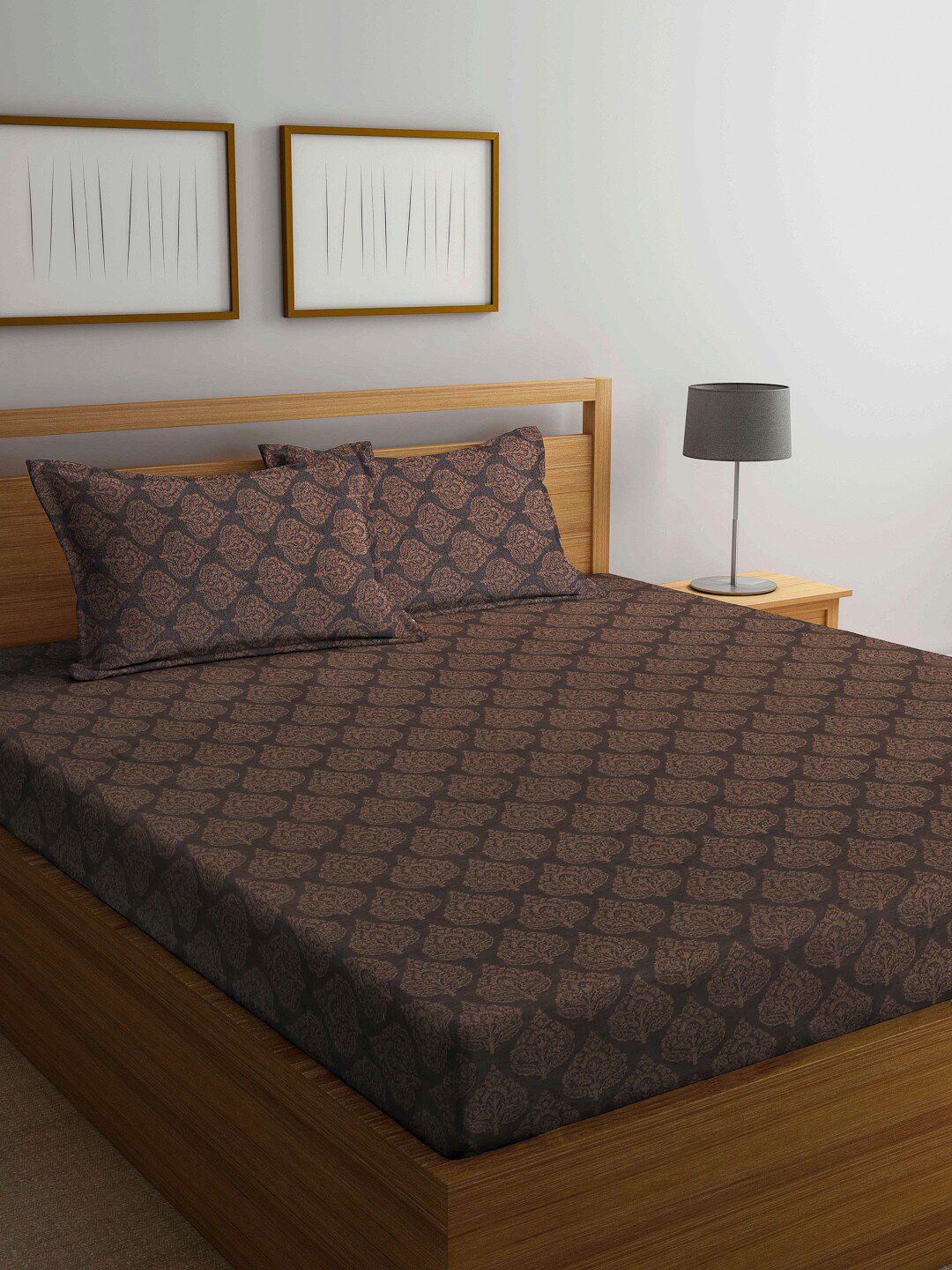 Arrabi Brown & Grey Ethnic Motifs 300 TC King Bedsheet with 2 Pillow Covers Price in India