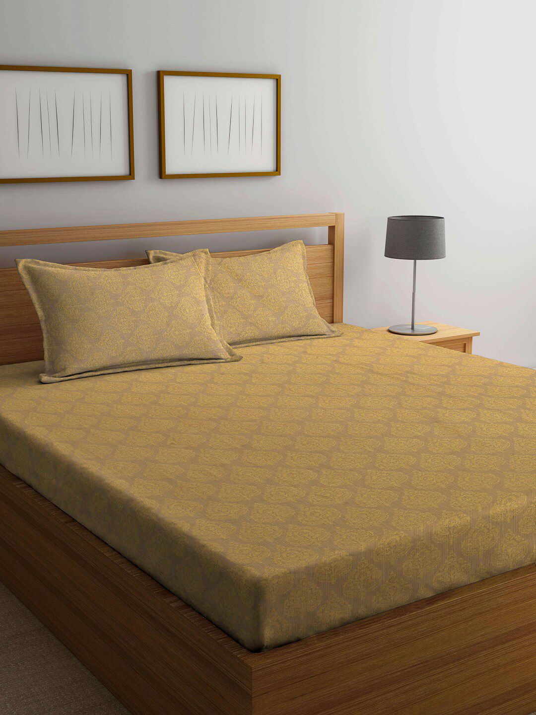 Arrabi Beige Ethnic Motifs Cotton 300 TC King Bedsheet with 2 Pillow Covers Price in India