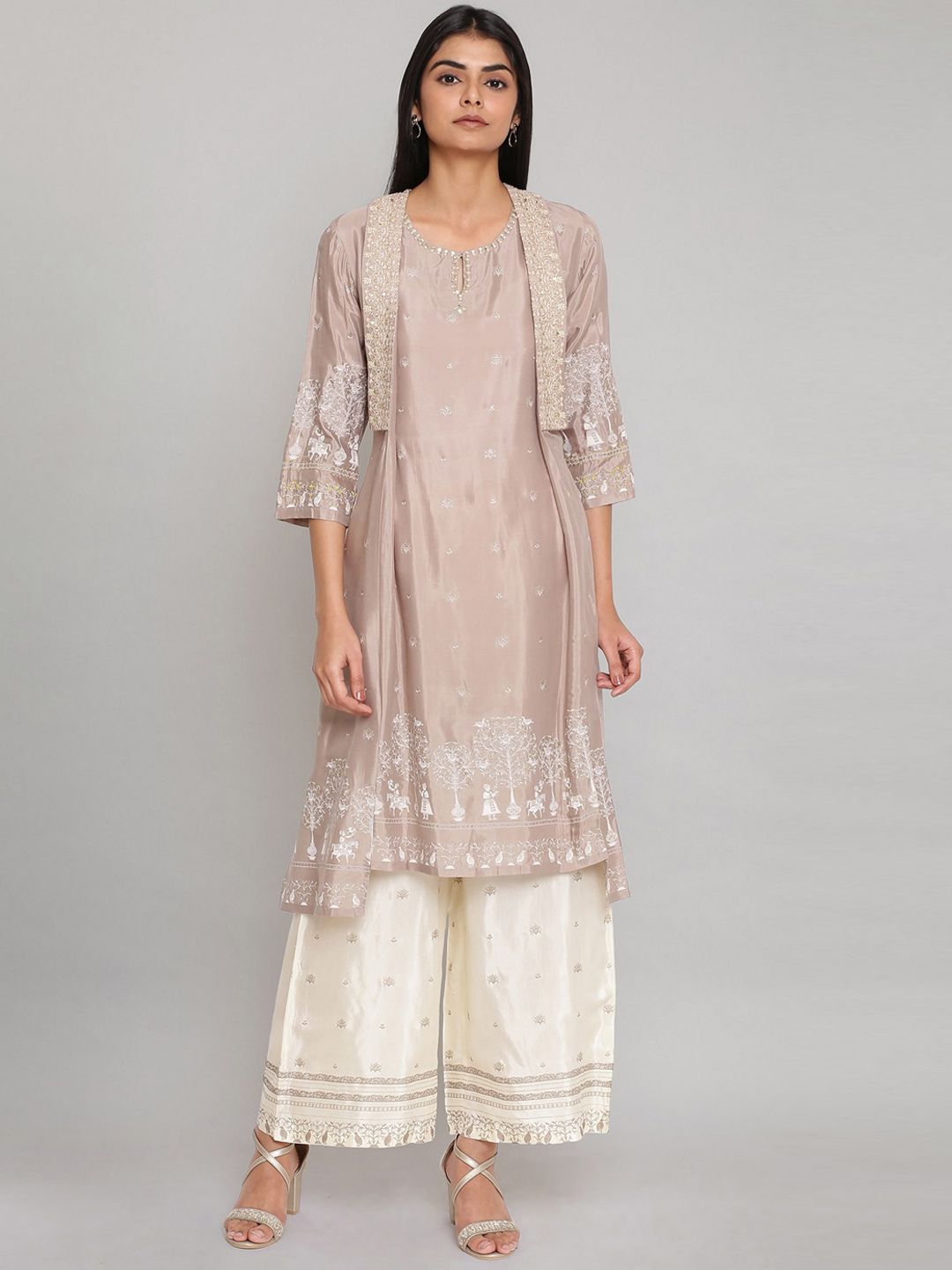 W Women Grey Floral Embroidered Empire Sequinned Kurta with Palazzo & With Dupatta Price in India