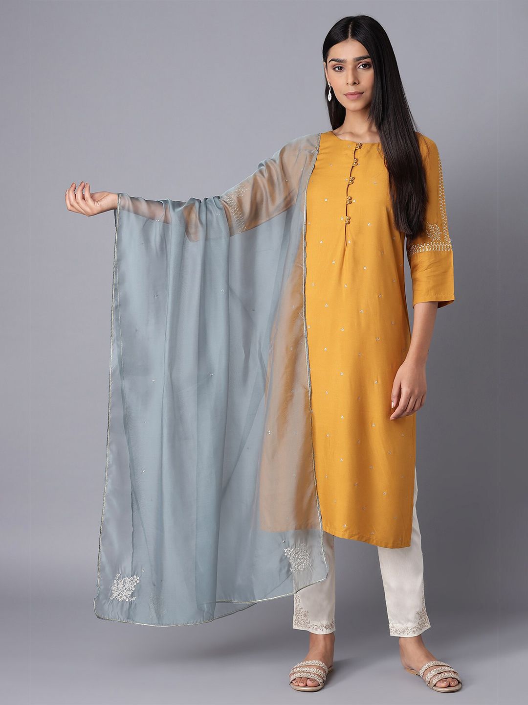 W Blue & Gold-Toned Organza Dupatta with Thread Work Price in India