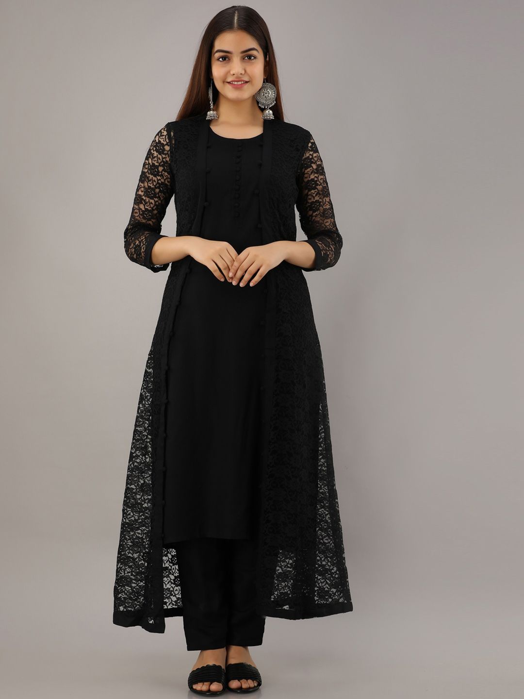 KALINI Women Black Rayon Kurta with Churidar & Jacket Price in India