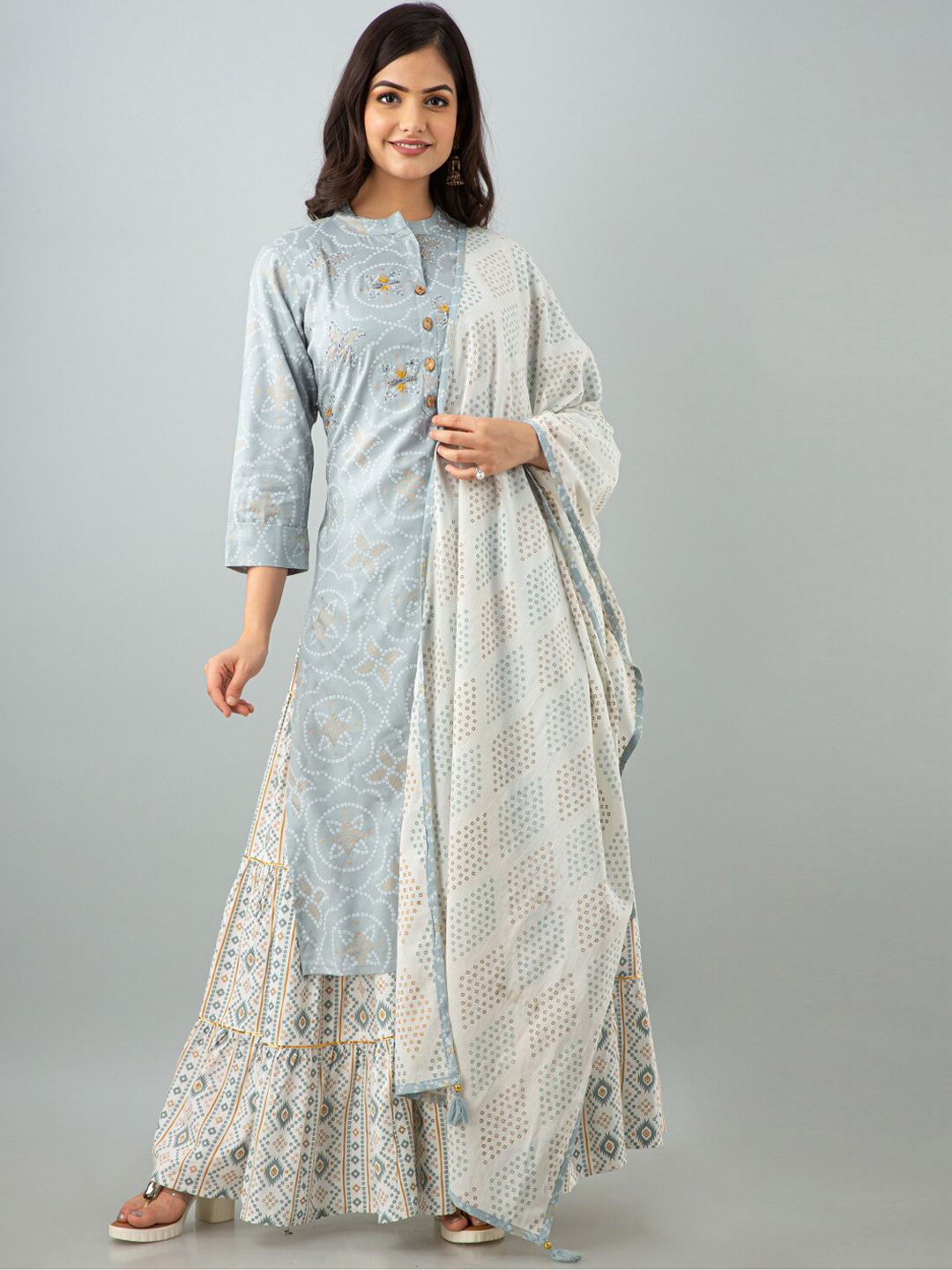 KALINI Women Grey Ethnic Motifs Printed Kurta with Palazzos & With Dupatta Price in India