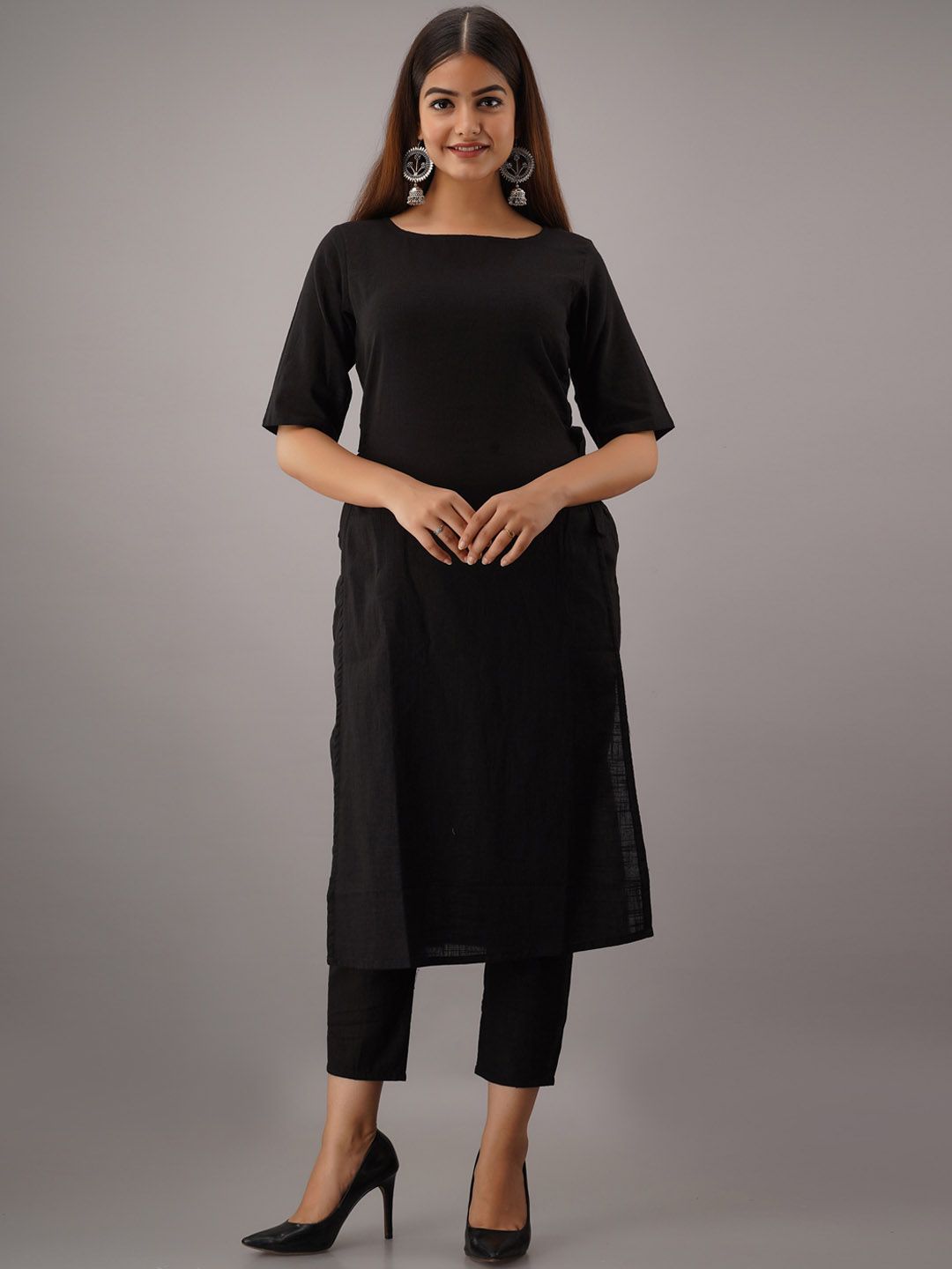 KALINI Women Black Pure Cotton Kurta with Trousers Price in India