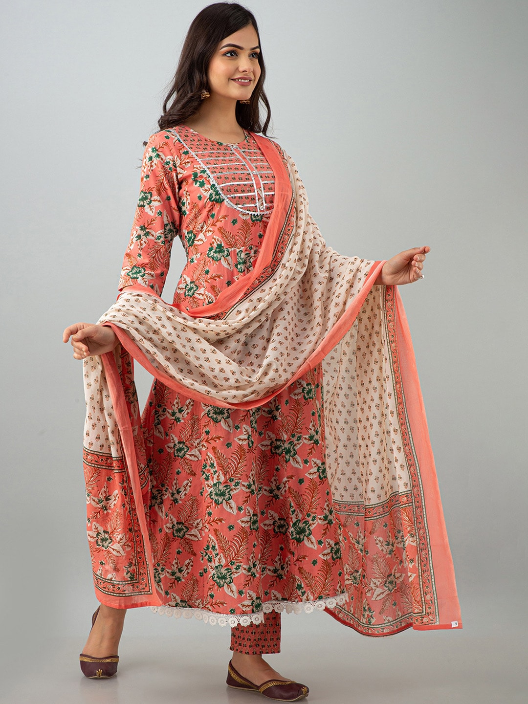 KALINI Women Coral Floral Printed Empire Gotta Patti Pure Cotton Kurta with Trousers & With Dupatta Price in India