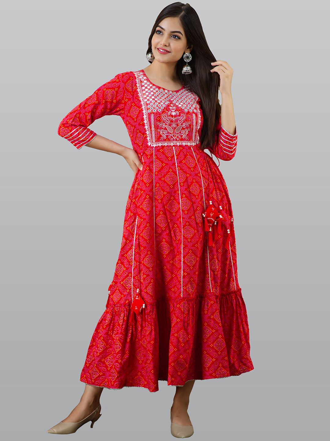 KALINI Women Red Ethnic Motifs Printed Thread Work Floral Anarkali Kurta Price in India