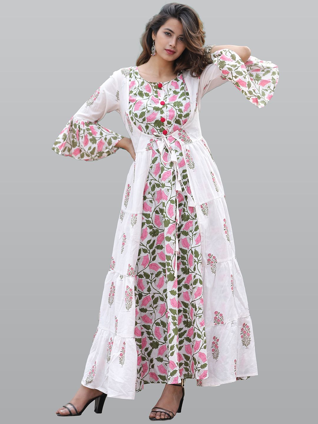 KALINI Women White & Pink Floral Printed Flared Sleeves Floral Anarkali Kurta Price in India