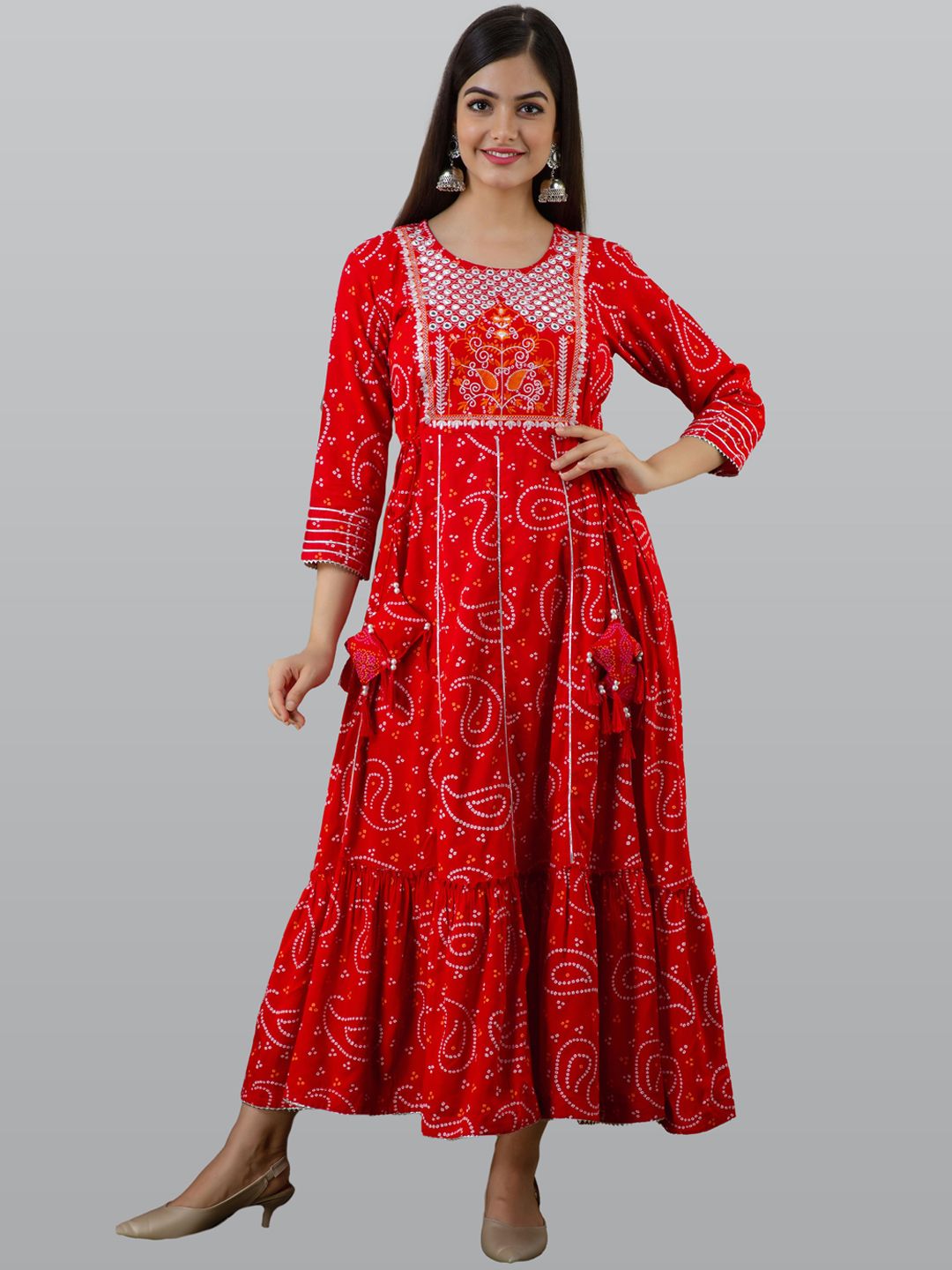 KALINI Women Red & White Bandhani Printed Thread Work Anarkali Kurta Price in India