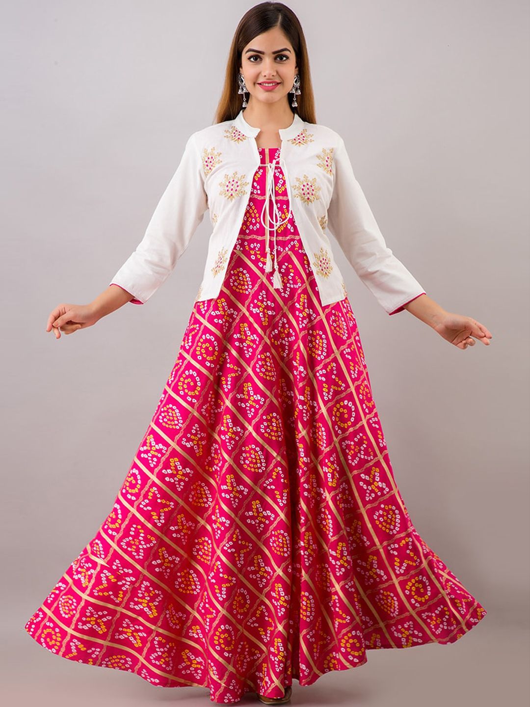 KALINI Women Pink Bandhani Printed Anarkali Kurta Price in India