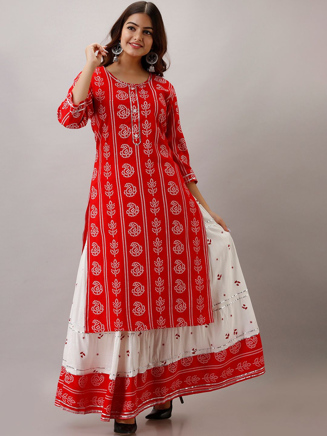 KALINI Women Red Bandhani Printed Gotta Patti Kurta with Skirt Price in India