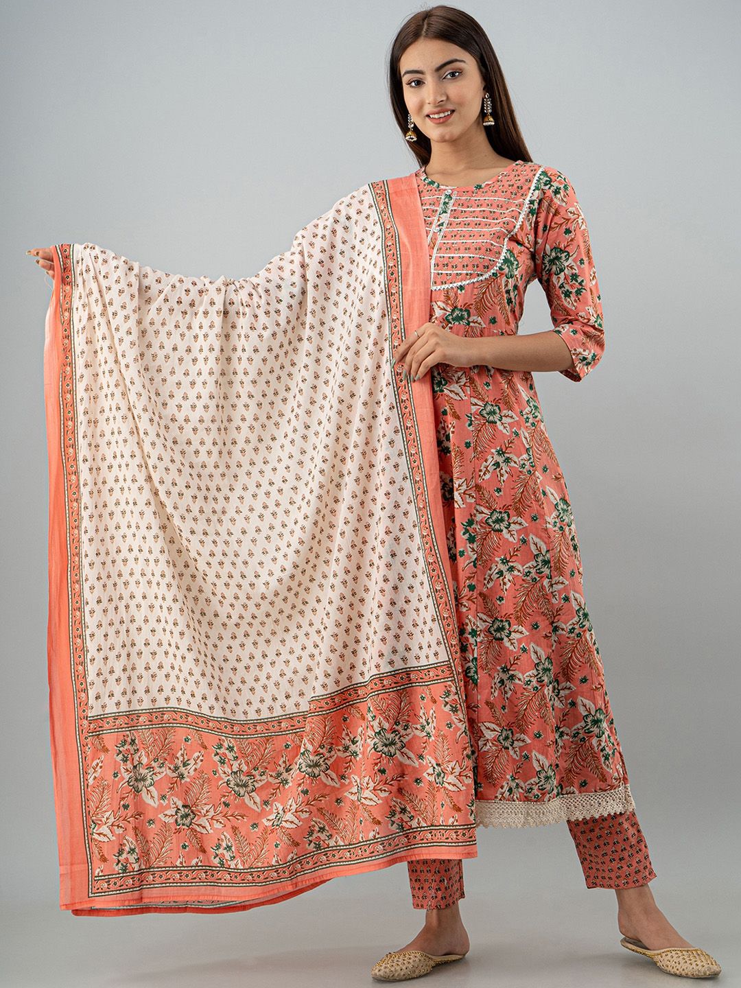 KALINI Women Coral Ethnic Motifs Printed Pure Cotton Kurta With Trousers & Dupatta Price in India