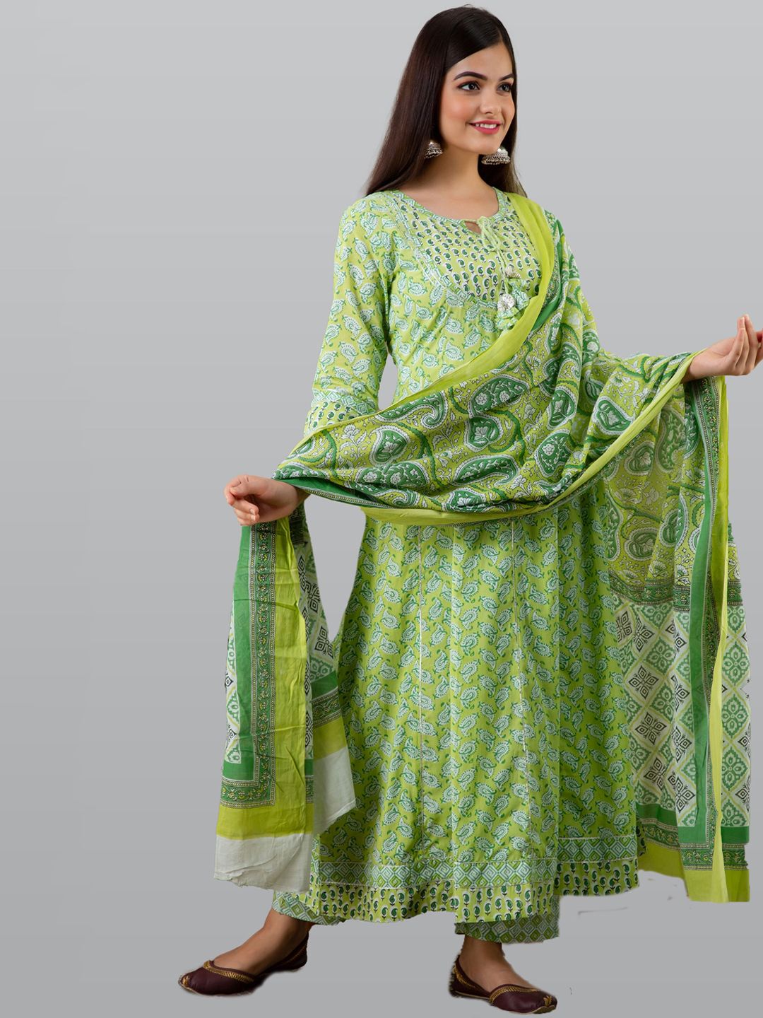 KALINI Women Green Paisley Printed Angrakha Pure Cotton Kurta with Churidar & With Dupatta Price in India