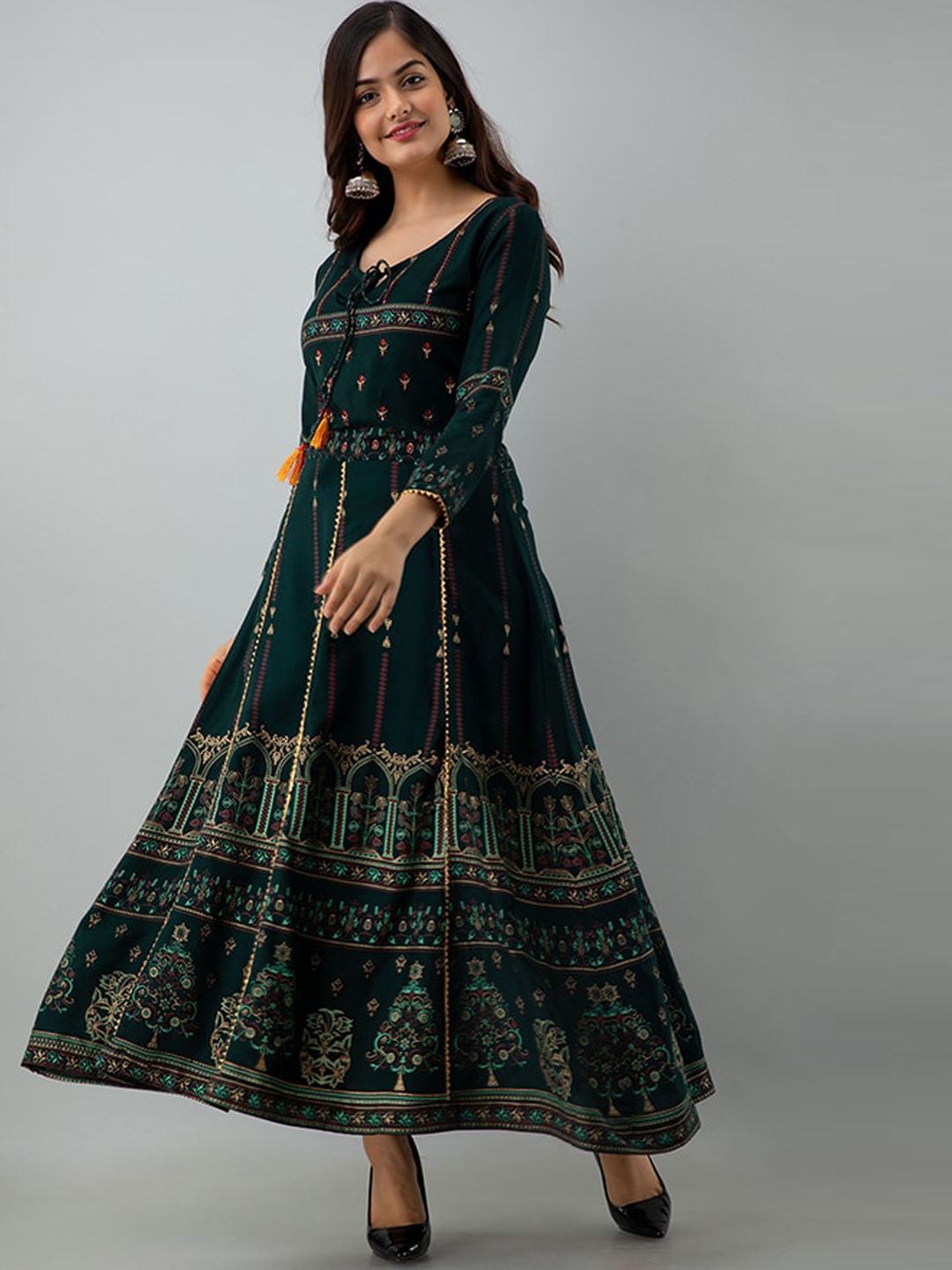 KALINI Women Green & Yellow Ethnic Motifs Printed Thread Work Anarkali Kurta Price in India