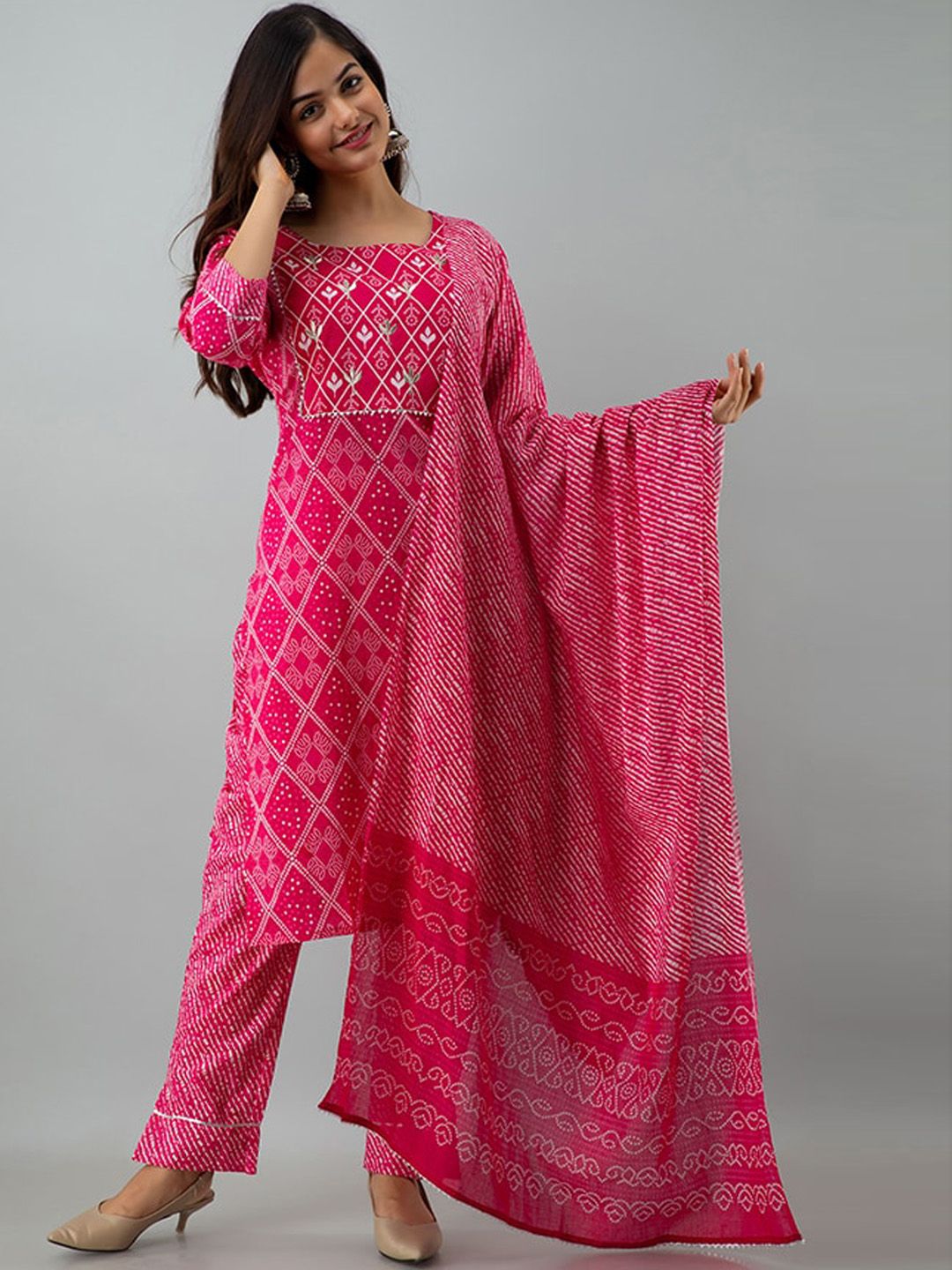 KALINI Women Pink Gotta Patti Pure Cotton Kurti with Trousers & Dupatta Price in India