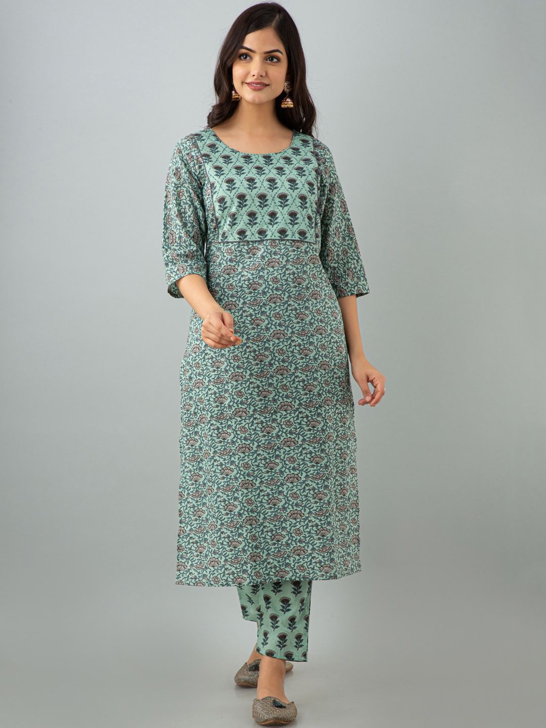 KALINI Women Green Floral Printed Pure Cotton Straight Kurta with Trousers Price in India