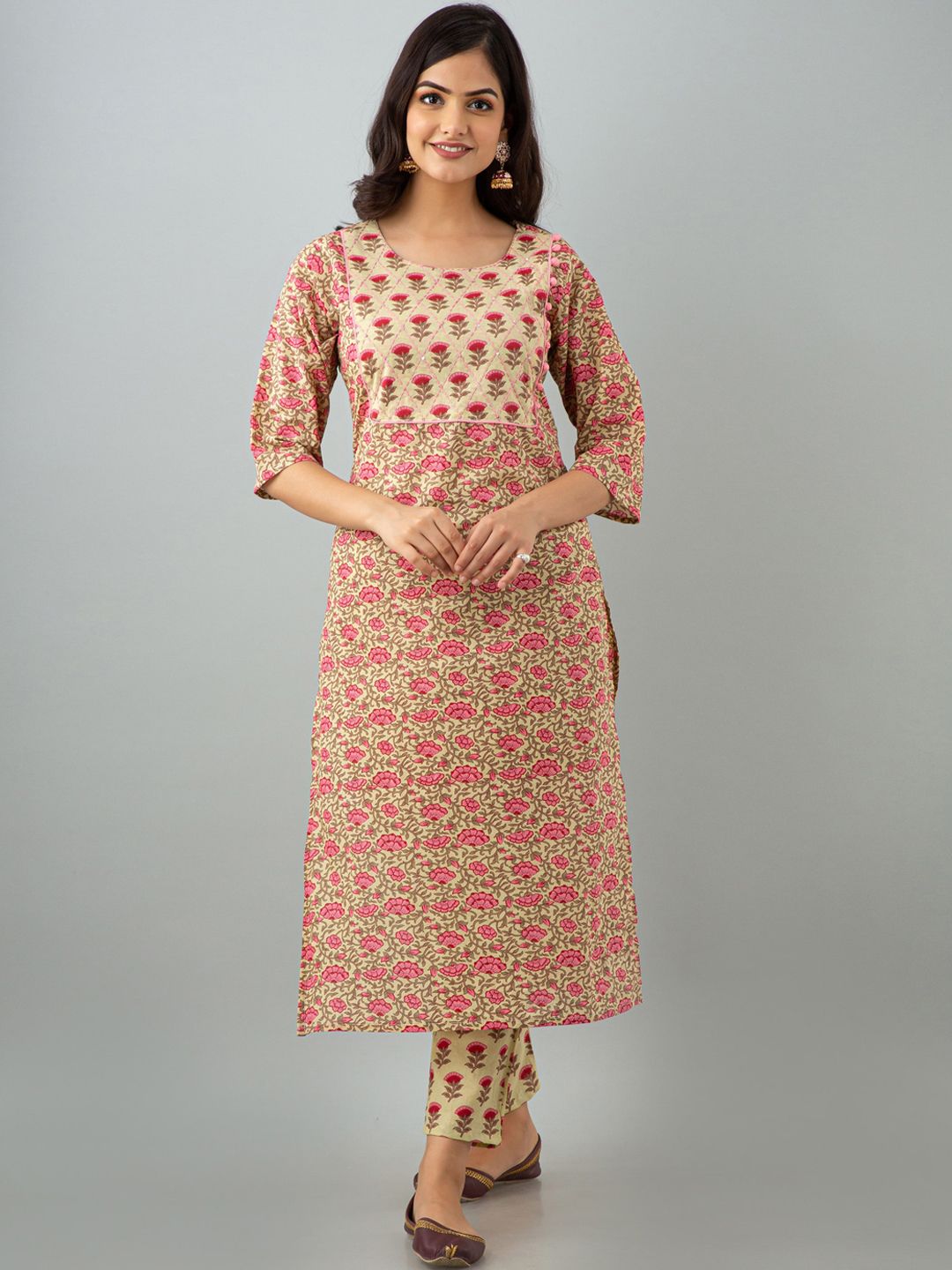 KALINI Women Beige & Red Floral Printed Pure Cotton Kurta with Palazzos Price in India