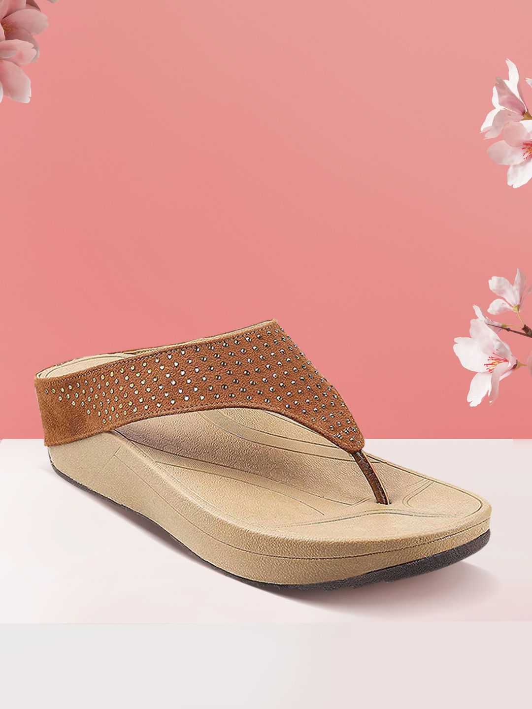 Mochi Women Tan Brown & Gold-Toned Embellished Comfort Heels Price in India