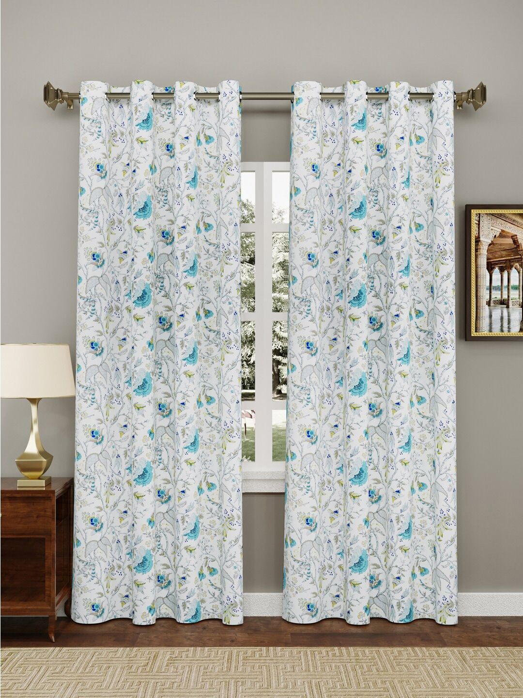 Clasiko White & Blue Set of 2 Floral Door Curtain Price in India
