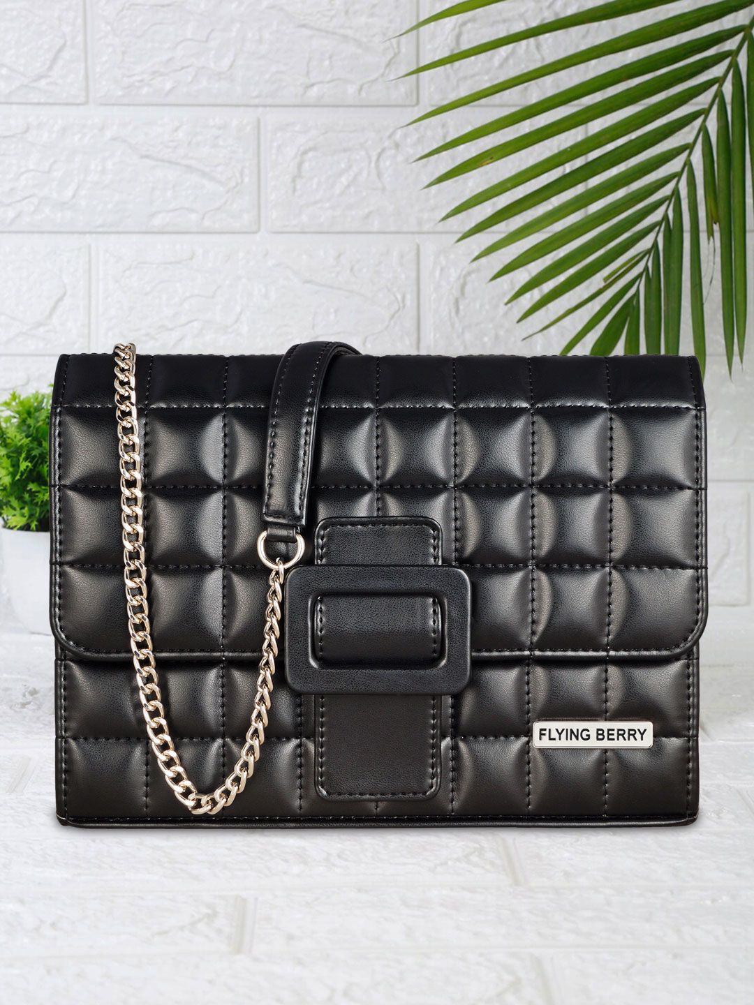 FLYING BERRY Black PU Structured Sling Bag with Quilted Price in India