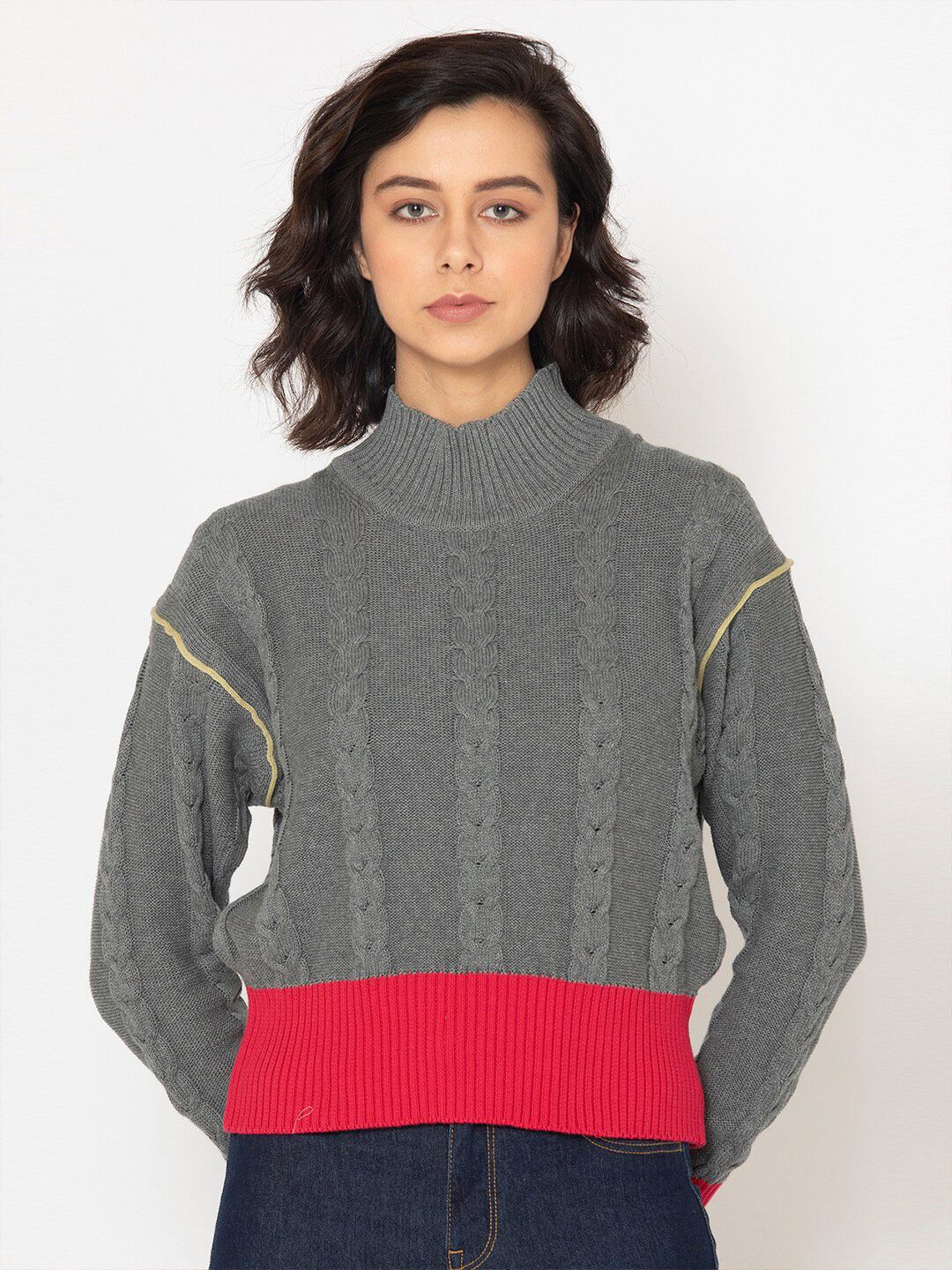 SHAYE Women Grey Melange & Red Cable Knit Pullover Price in India