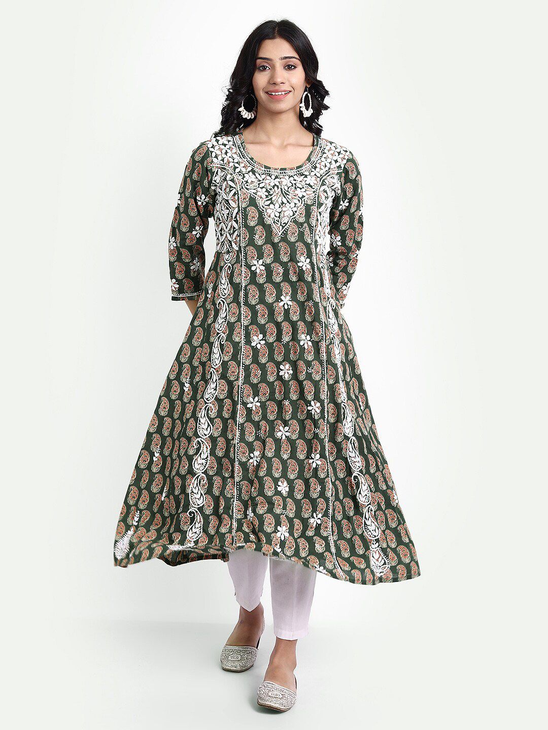 HOUSE OF KARI Brown Ethnic Motifs Embroidered Chikankari Cotton A-Line Midi Dress Price in India