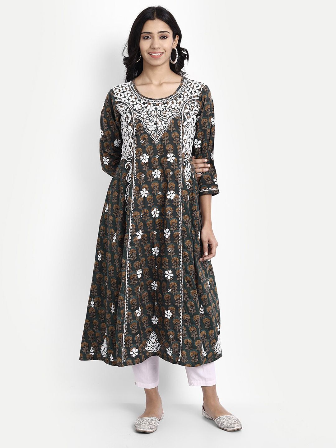 HOUSE OF KARI Multicoloured Hand Embroidery Chickenkari Cotton A-Line Midi Dress Price in India