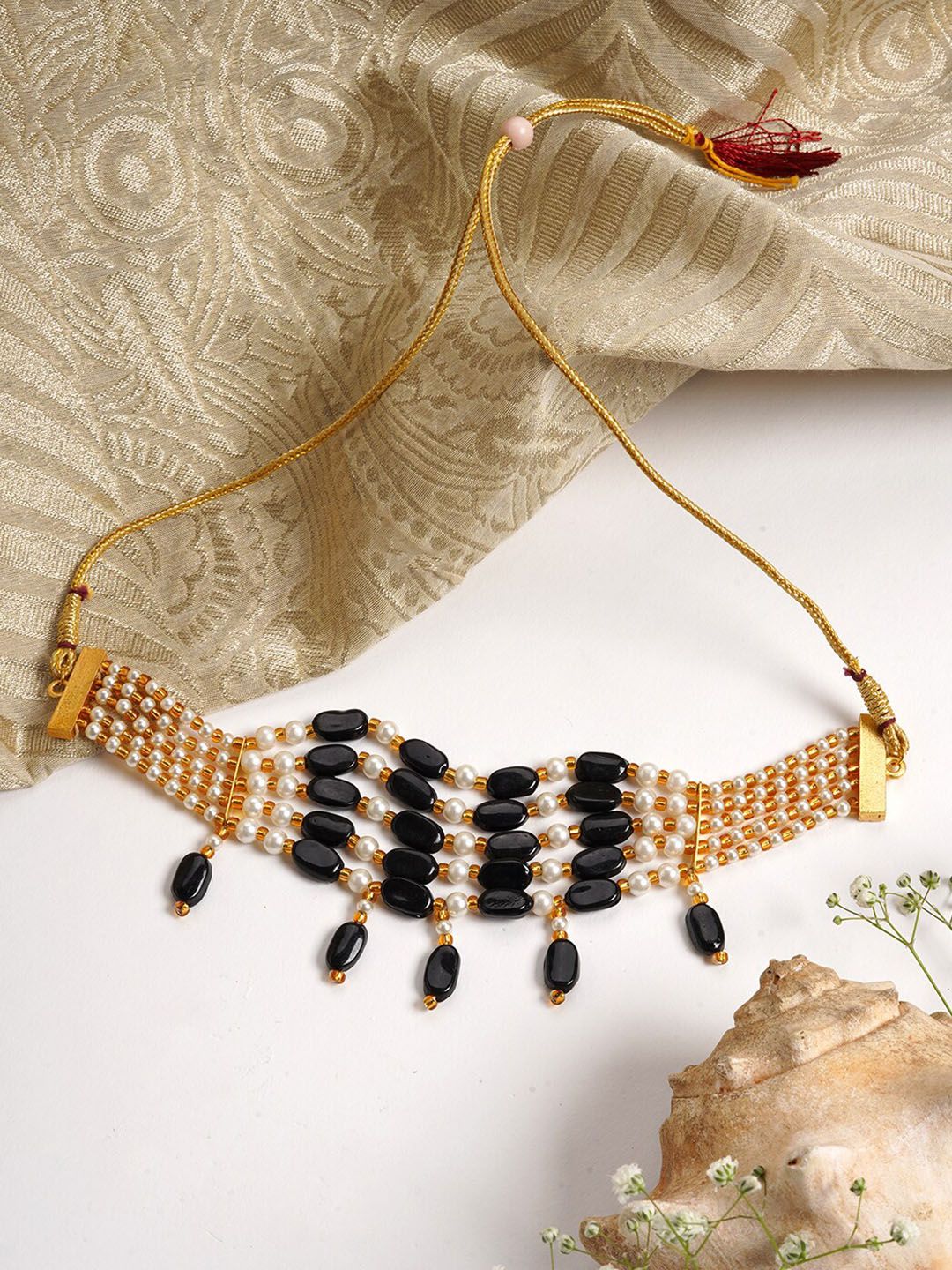 TEEJH Black & White Bead Stacked Gold-Plated Choker Necklace Price in India