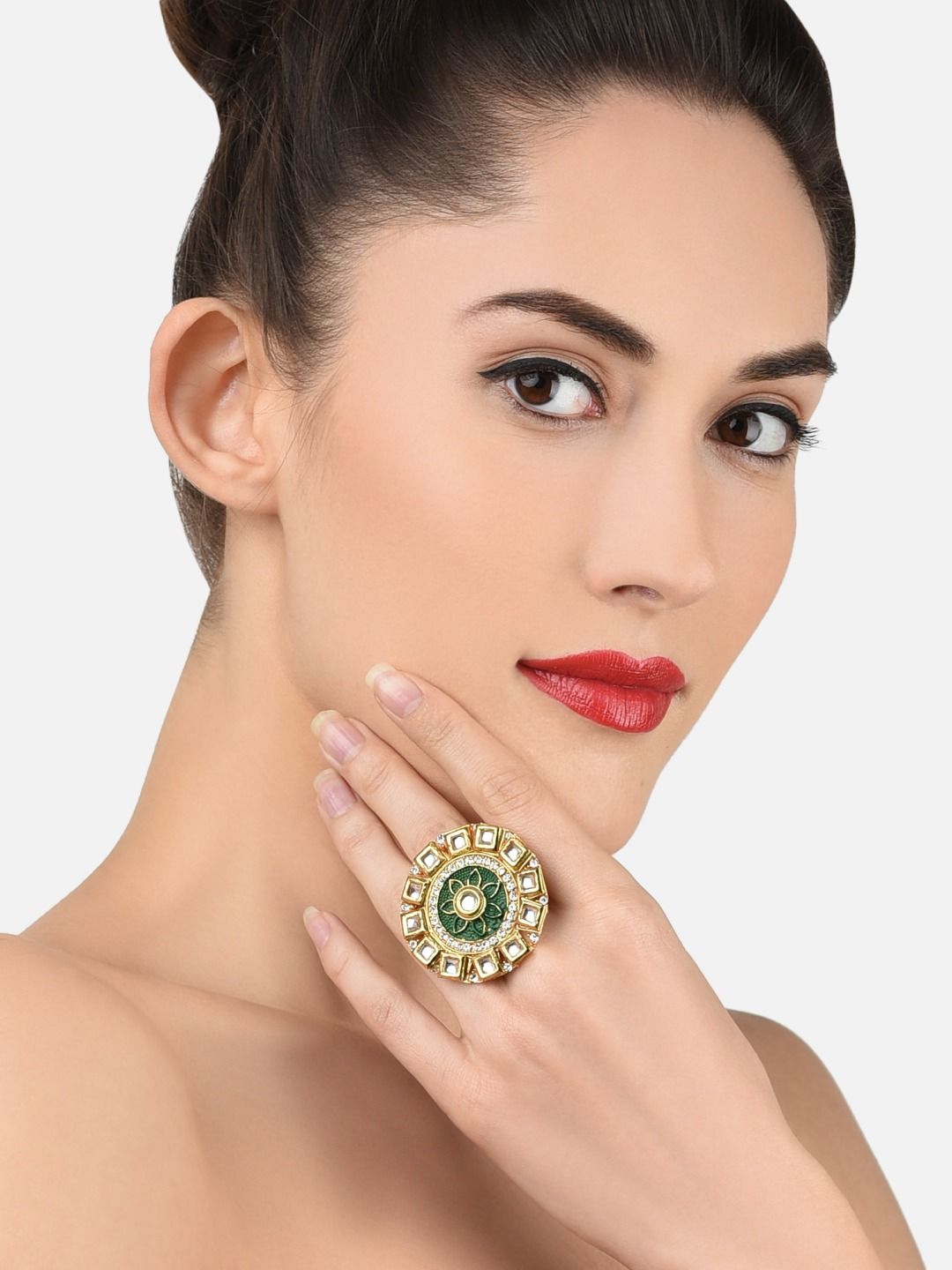 Zaveri Pearls Gold-Plated White & Green Kundan Studded Meenakari Finger Ring Price in India