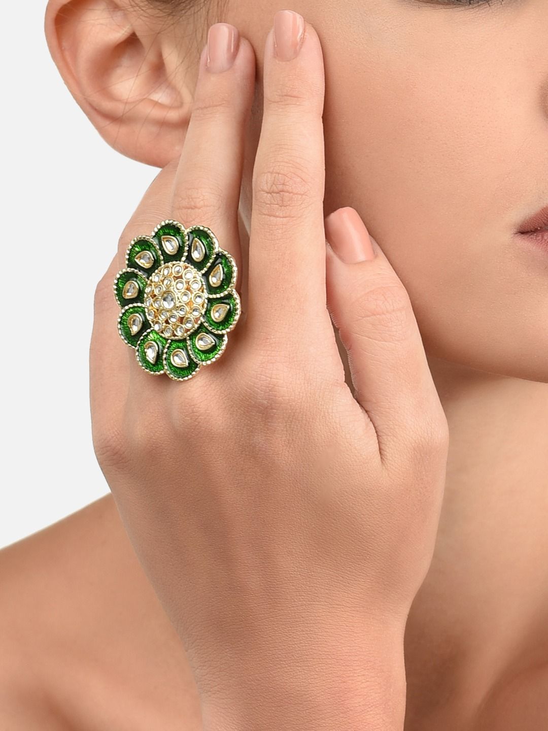 Zaveri Pearls Gold-Plated Green & White Kundan-Studded Meenakari Adjustable Finger Ring Price in India