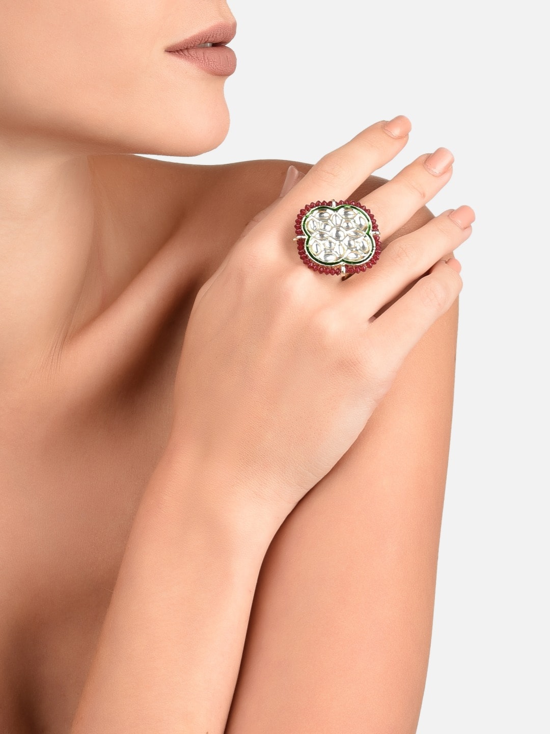 Zaveri Pearls Green Meenakari & Pink Crystals Beaded Ethnic Kundan Finger Ring Price in India