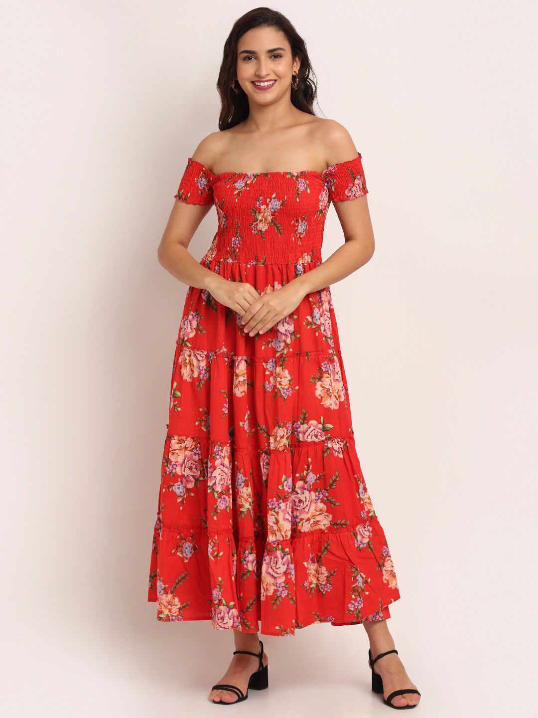 Aawari Women Red Floral Off-Shoulder Maxi Dress Price in India
