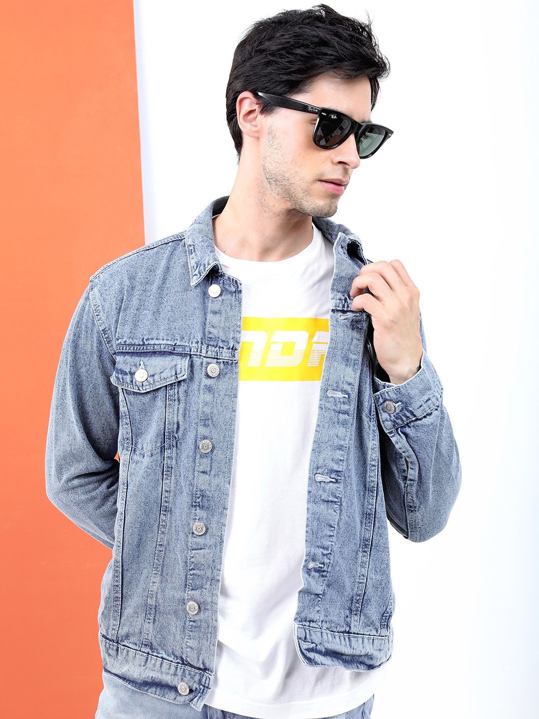 HIGHLANDER Men Blue Washed Crop Denim Jacket