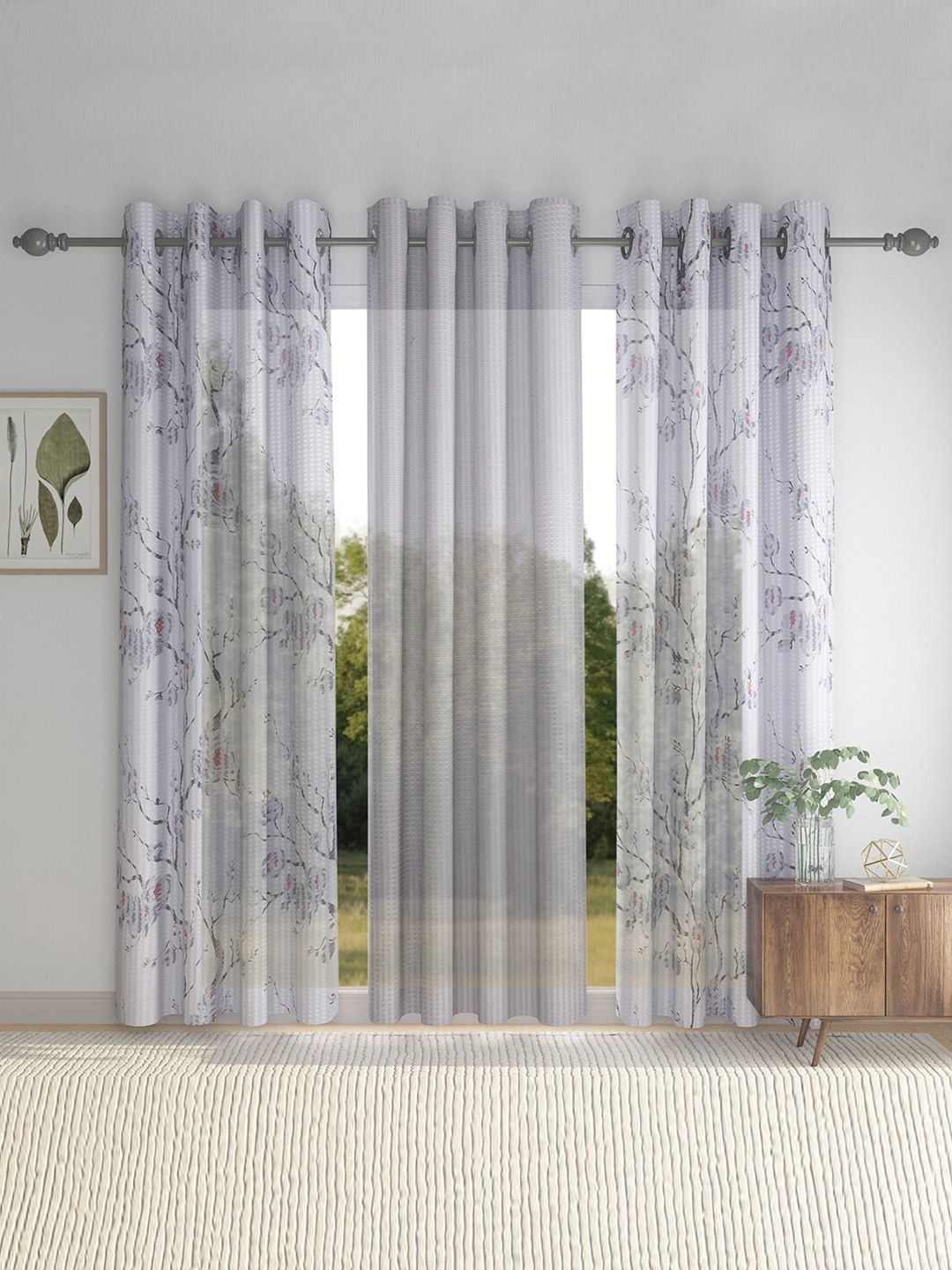 HOSTA HOMES Set Of 3 Grey & White Floral Printed Long Door Curtain Price in India