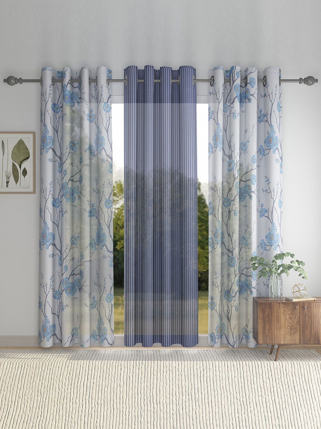 HOSTA HOMES Set Of 3 Blue & White Floral Printed Long Door Curtain Price in India