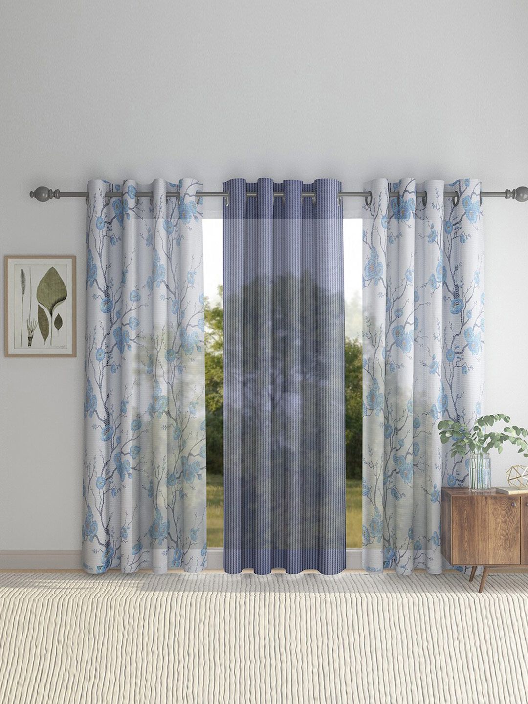 HOSTA HOMES Blue & Grey Set of 3 Floral Door Curtain Price in India