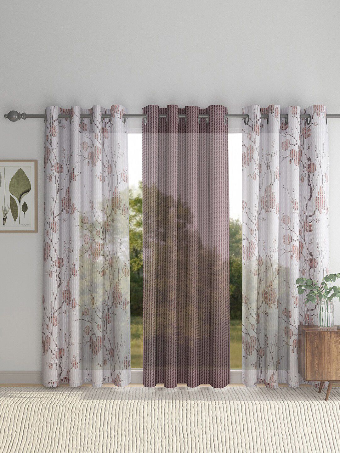 HOSTA HOMES Brown & Off White Set of 3 Floral Door Curtain Price in India