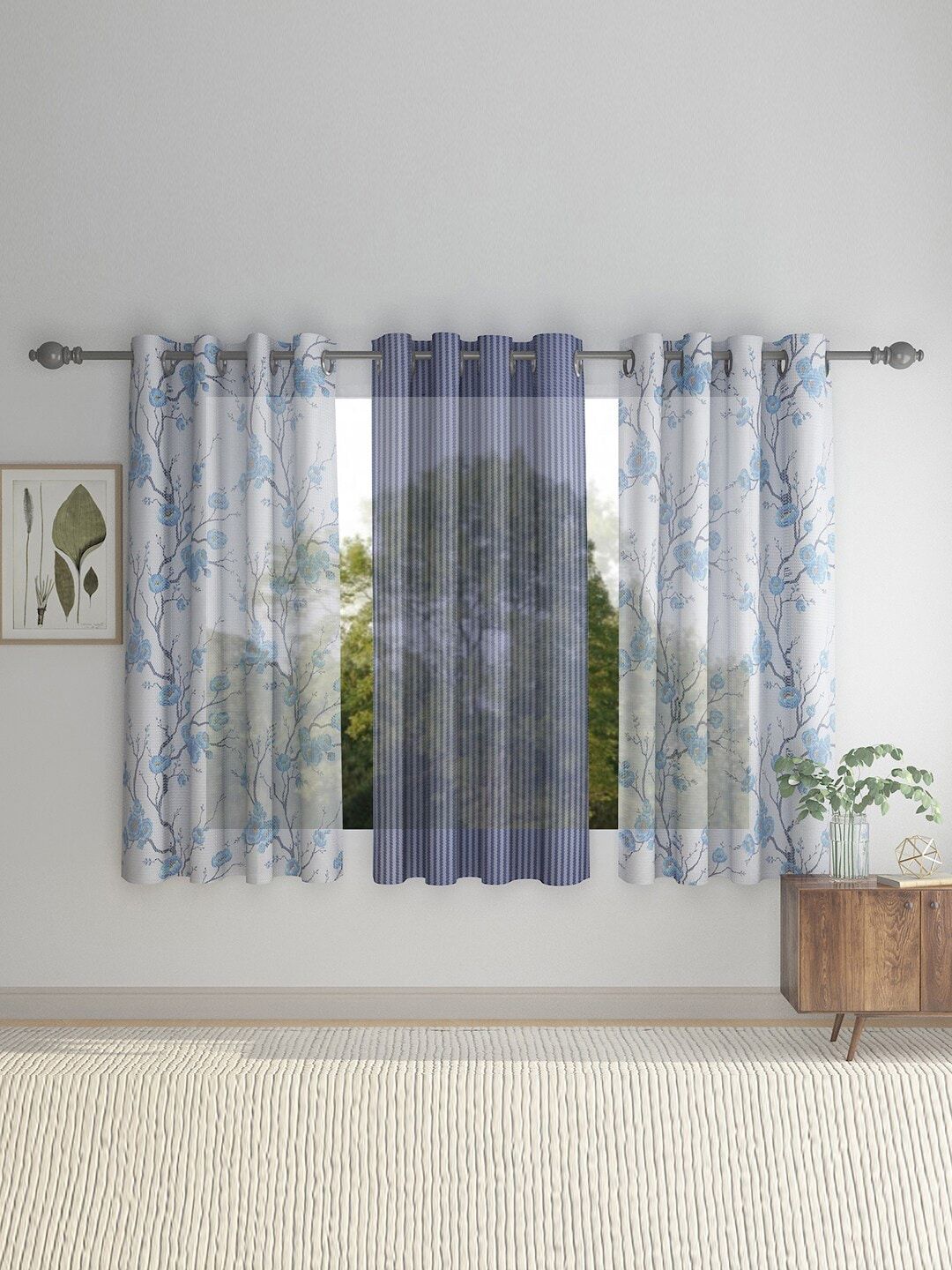 HOSTA HOMES Set of 3 Blue Floral Window Curtain Price in India