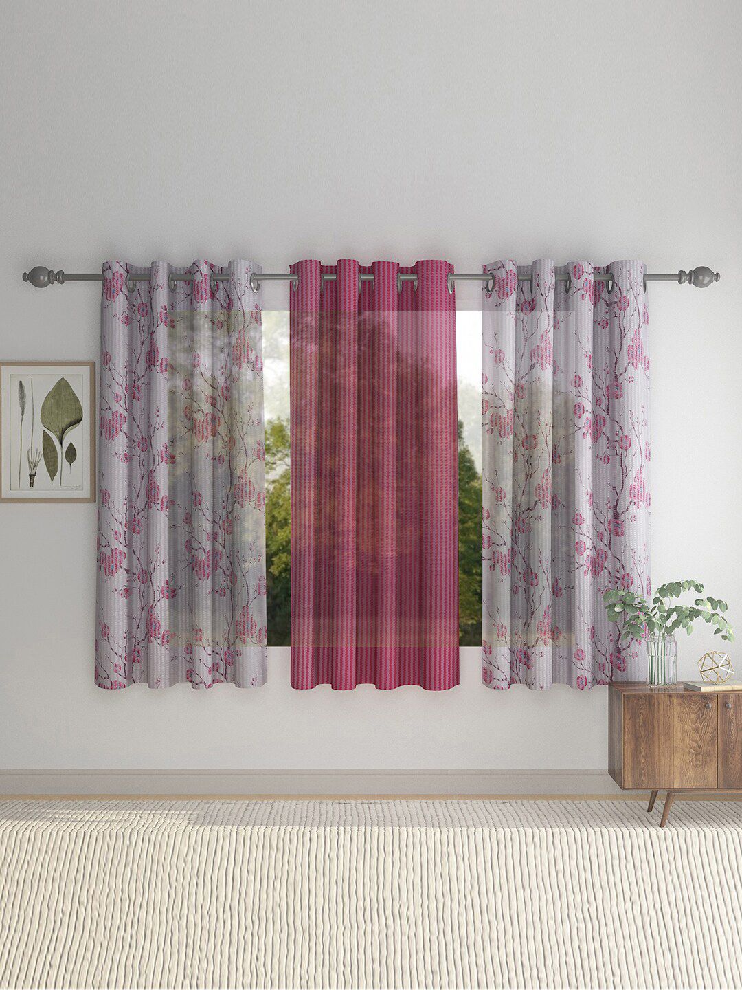 HOSTA HOMES Red & White Set of 3 Floral Window Curtain Price in India