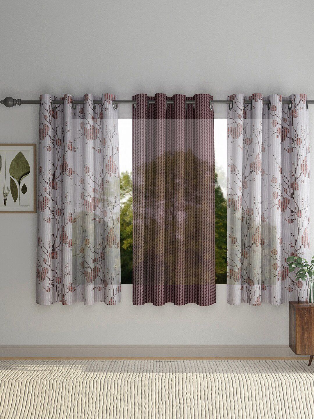 HOSTA HOMES Set of 3 Brown & Off White Floral Window Curtain Price in India