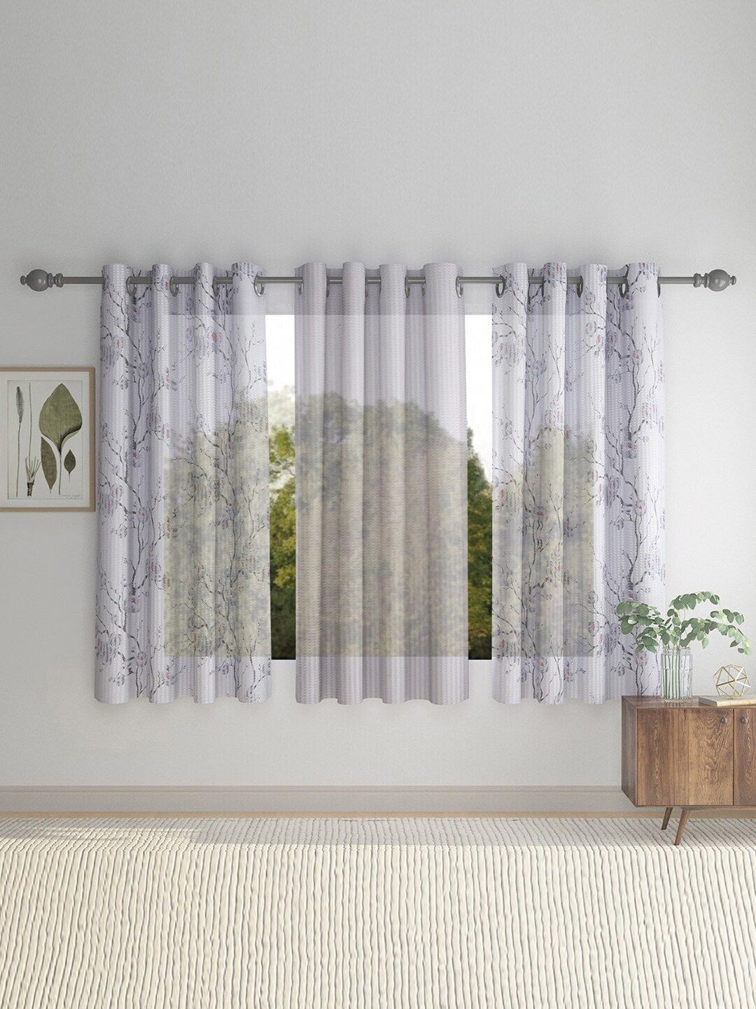 HOSTA HOMES Grey & Off White Set of 3 Floral Window Curtain Price in India