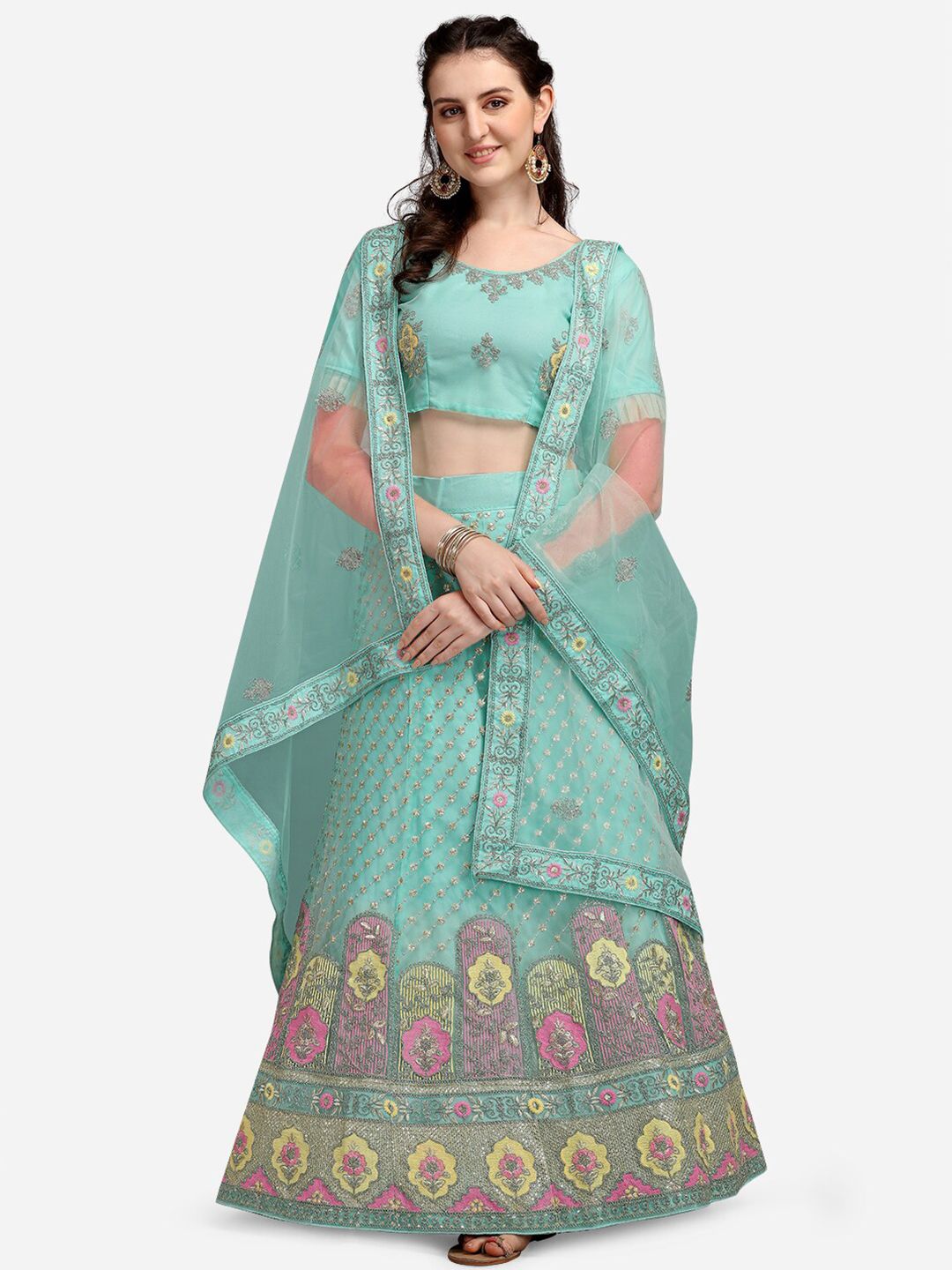 V SALES Blue Embroidered Sequinned Semi-Stitched Lehenga Choli With Dupatta Price in India