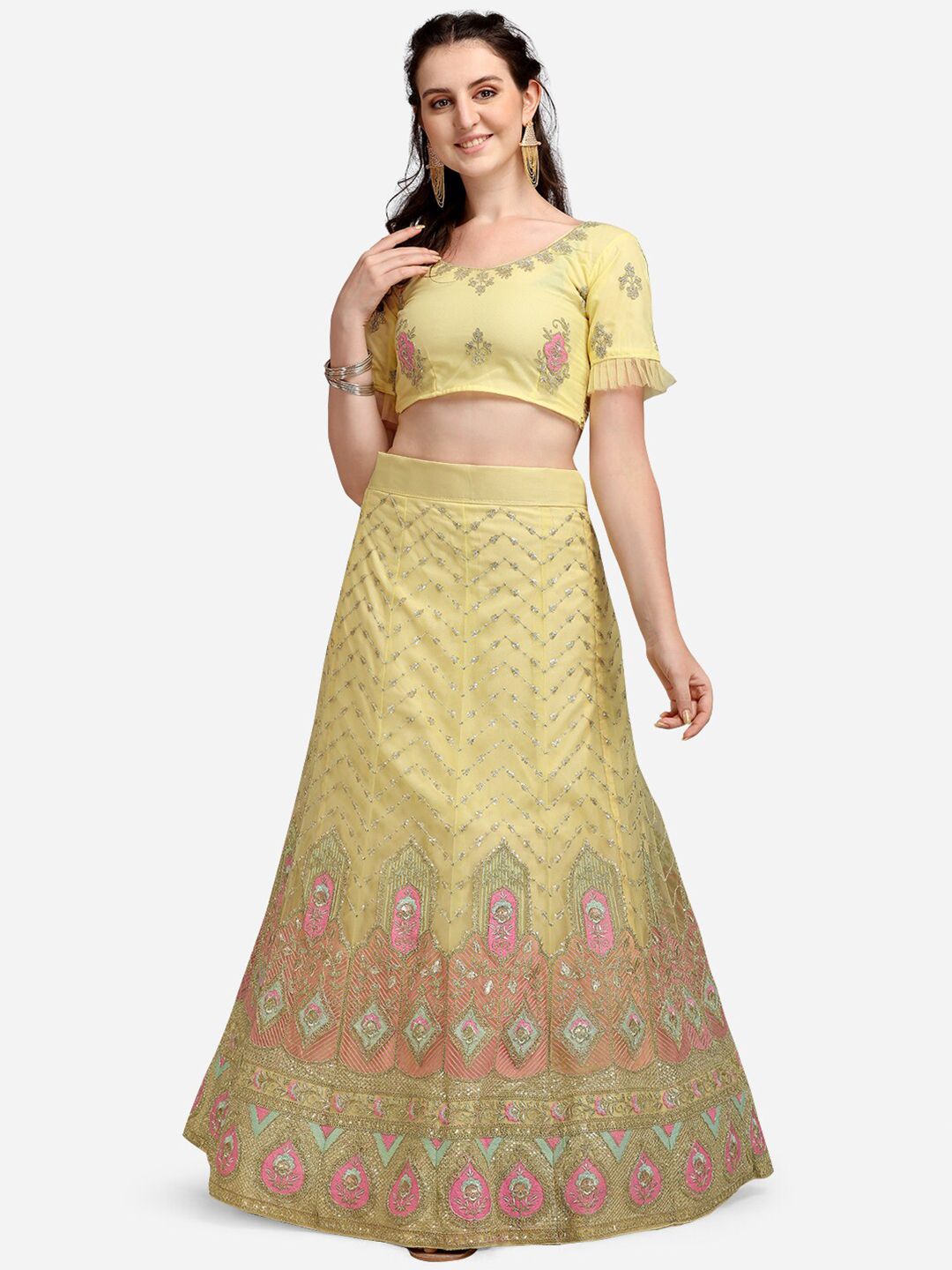 V SALES Yellow Embroidered Semi-Stitched Lehenga & Unstitched Blouse With Dupatta Price in India