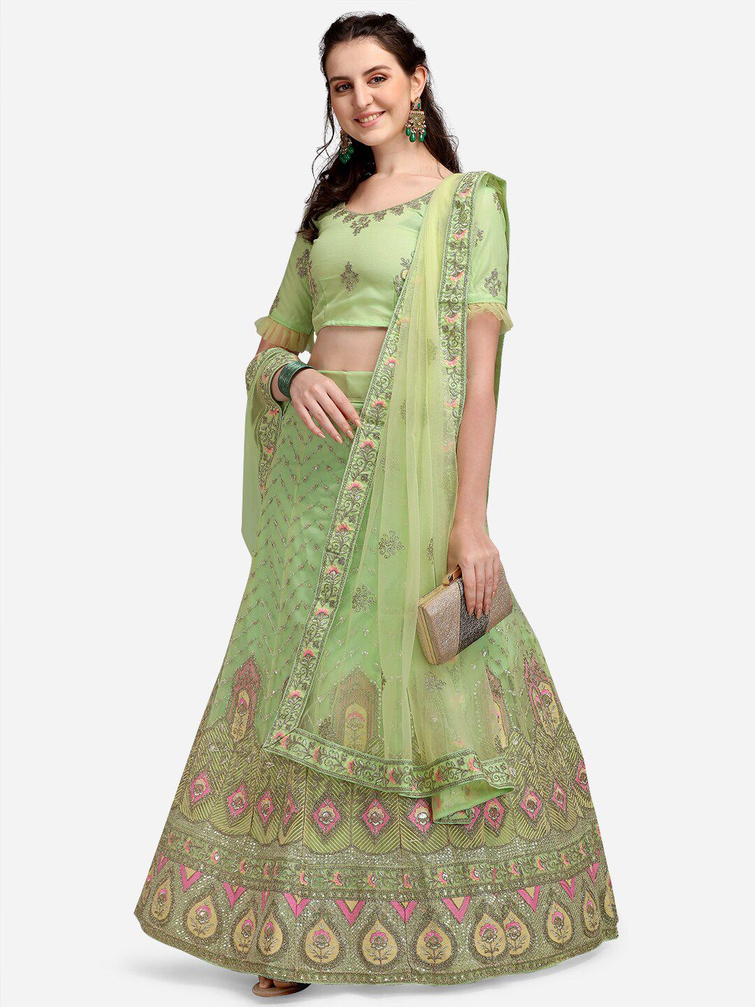 V SALES Green & Pink Embroidered Sequinned Semi-Stitched Lehenga & Unstitched Blouse With Dupatta Price in India