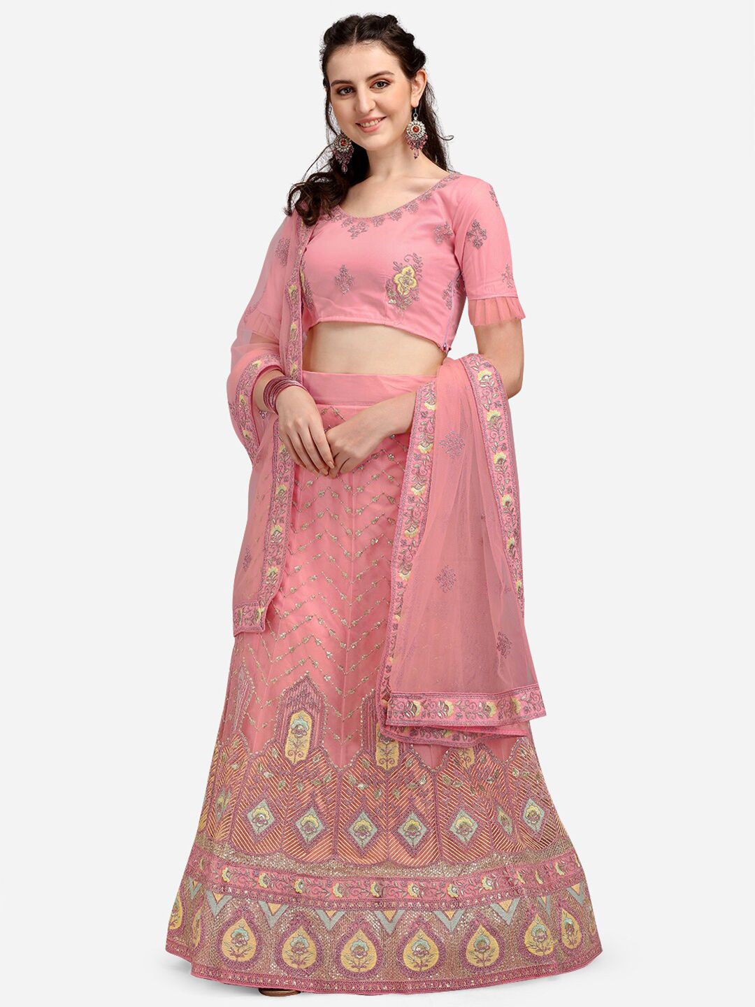 V SALES Pink & Sea Green Embroidered Sequinned Semi-Stitched Lehenga & Unstitched Blouse With Dupatta Price in India