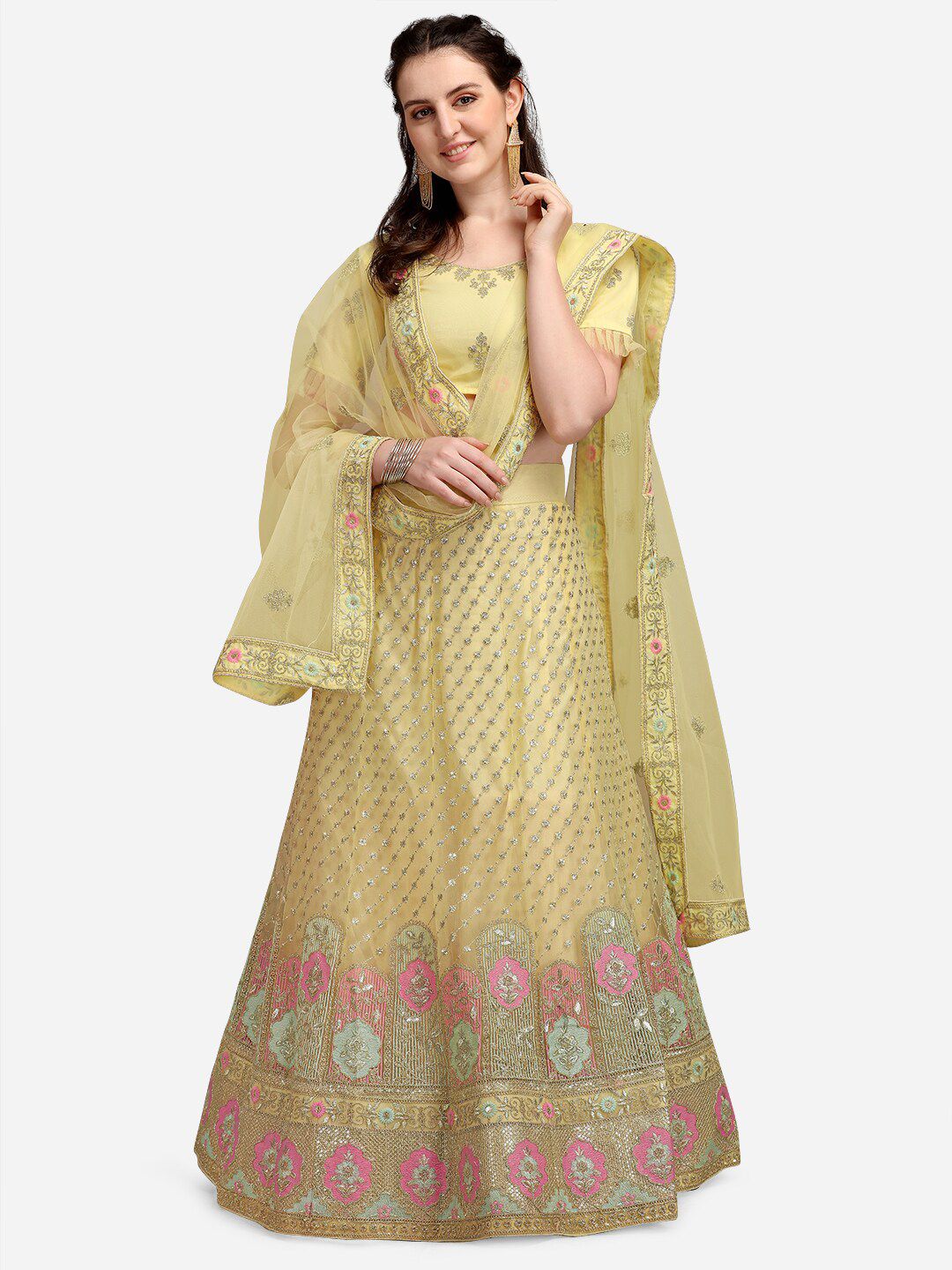 V SALES Yellow & Pink Embroidered Sequinned Semi-Stitched Lehenga & Unstitched Blouse With Dupatta Price in India