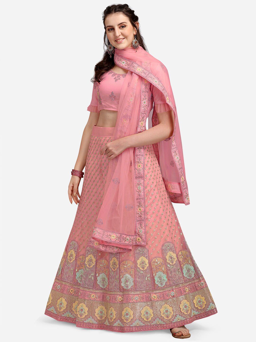 V SALES Pink Embroidered Semi-Stitched Lehenga Choli With Dupatta Price in India