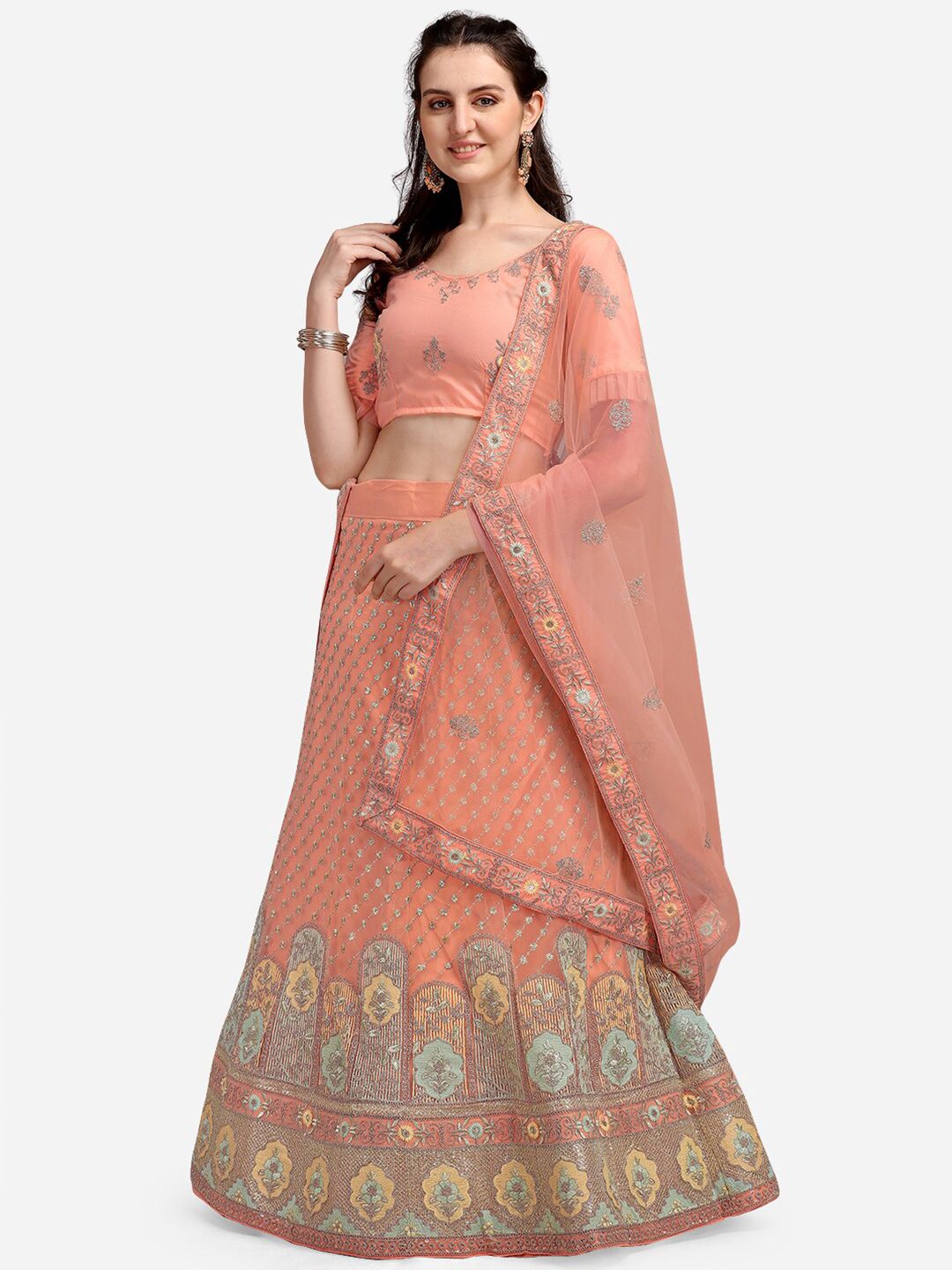 V SALES Peach-Coloured & Yellow Embroidered Sequinned Semi-Stitched Lehenga & Unstitched Blouse With Dupatta Price in India